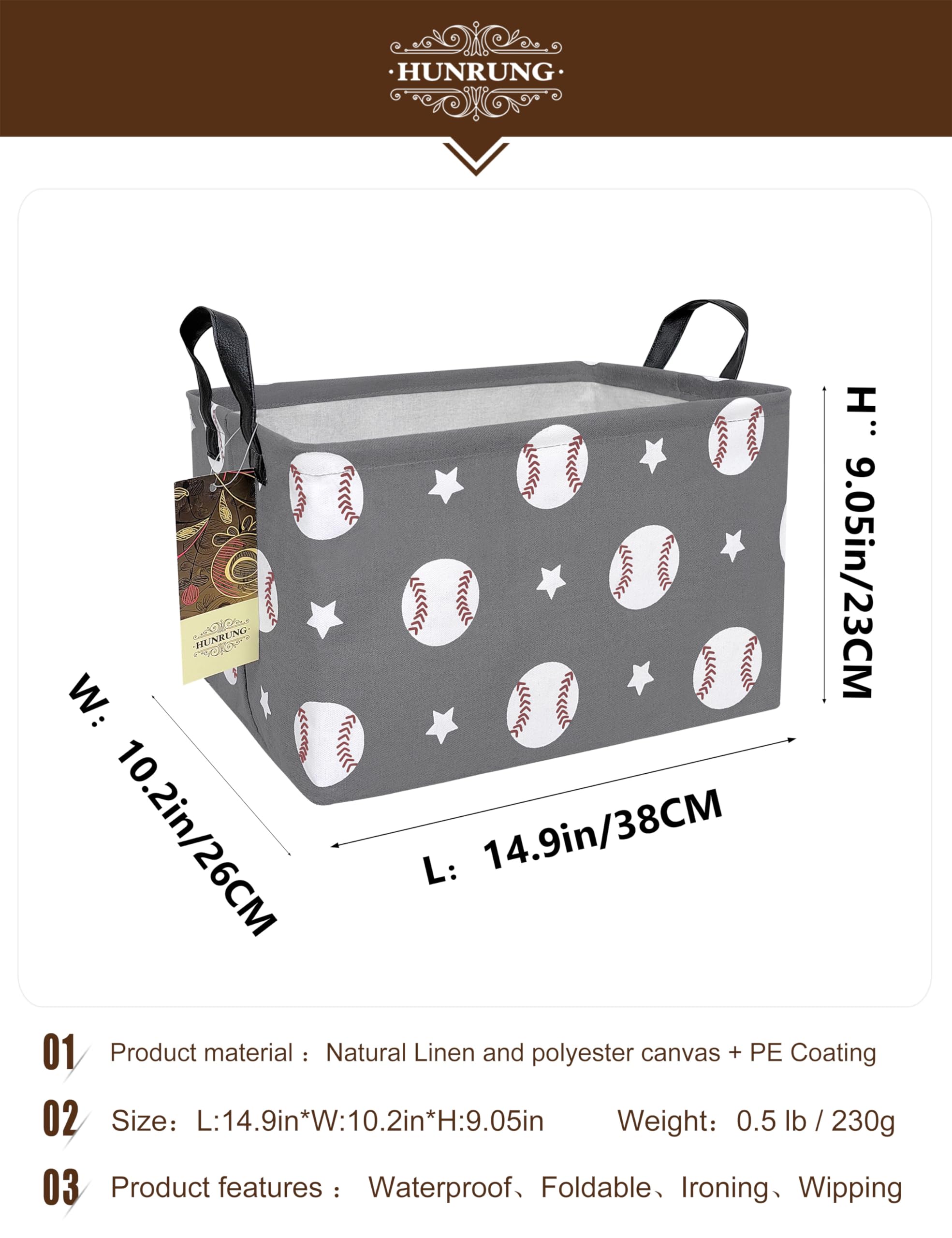 HUNRUNG storage basket full shot highlights easy-to-store size and sturdy handles.
