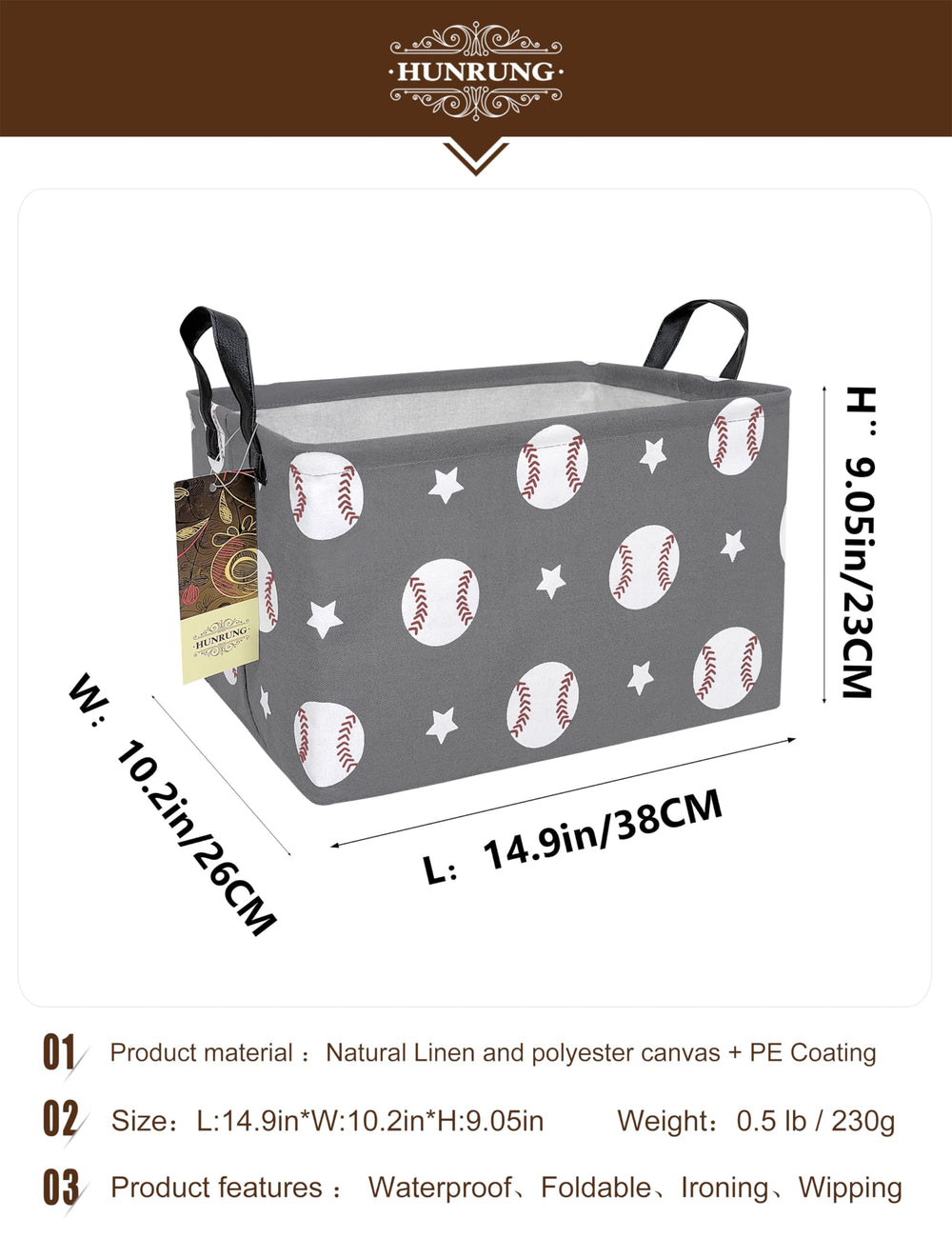 HUNRUNG storage basket full shot highlights easy-to-store size and sturdy handles.