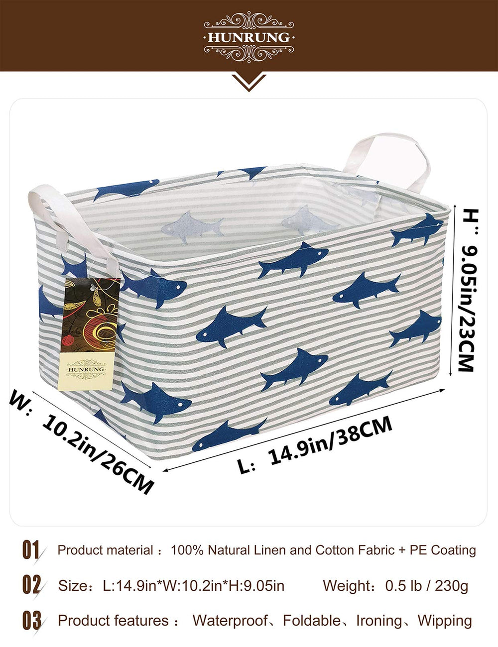 HUNRUNG storage basket shows sturdy handles for easy tote and move.