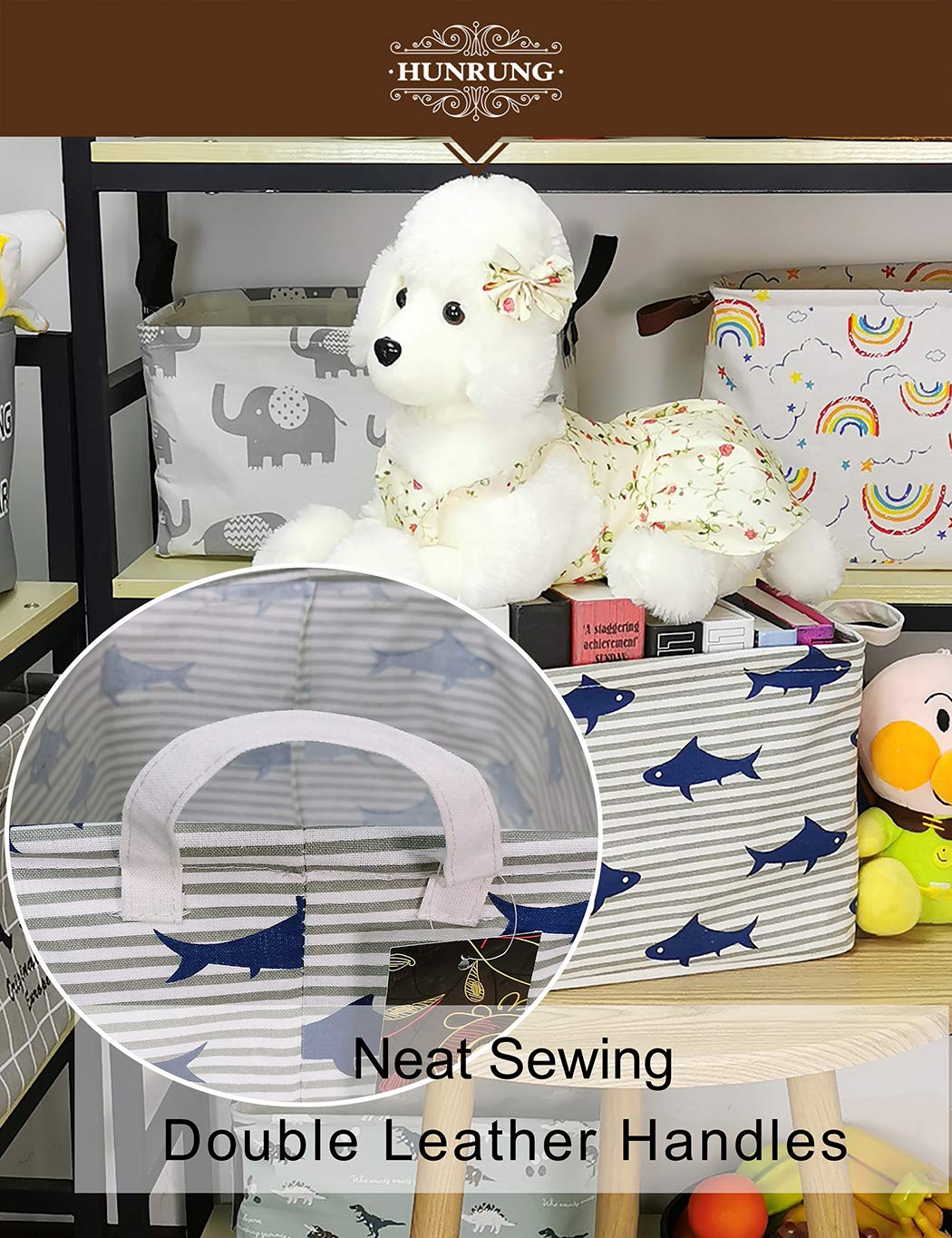 HUNRUNG nursery storage basket used for diapers and wipes organization.