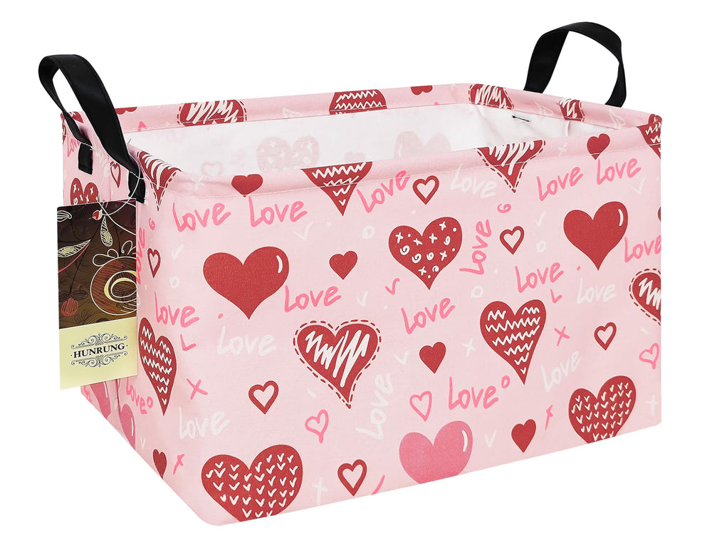 HUNRUNG rectangle storage basket in pink heart pattern keeps toys organized in playrooms.