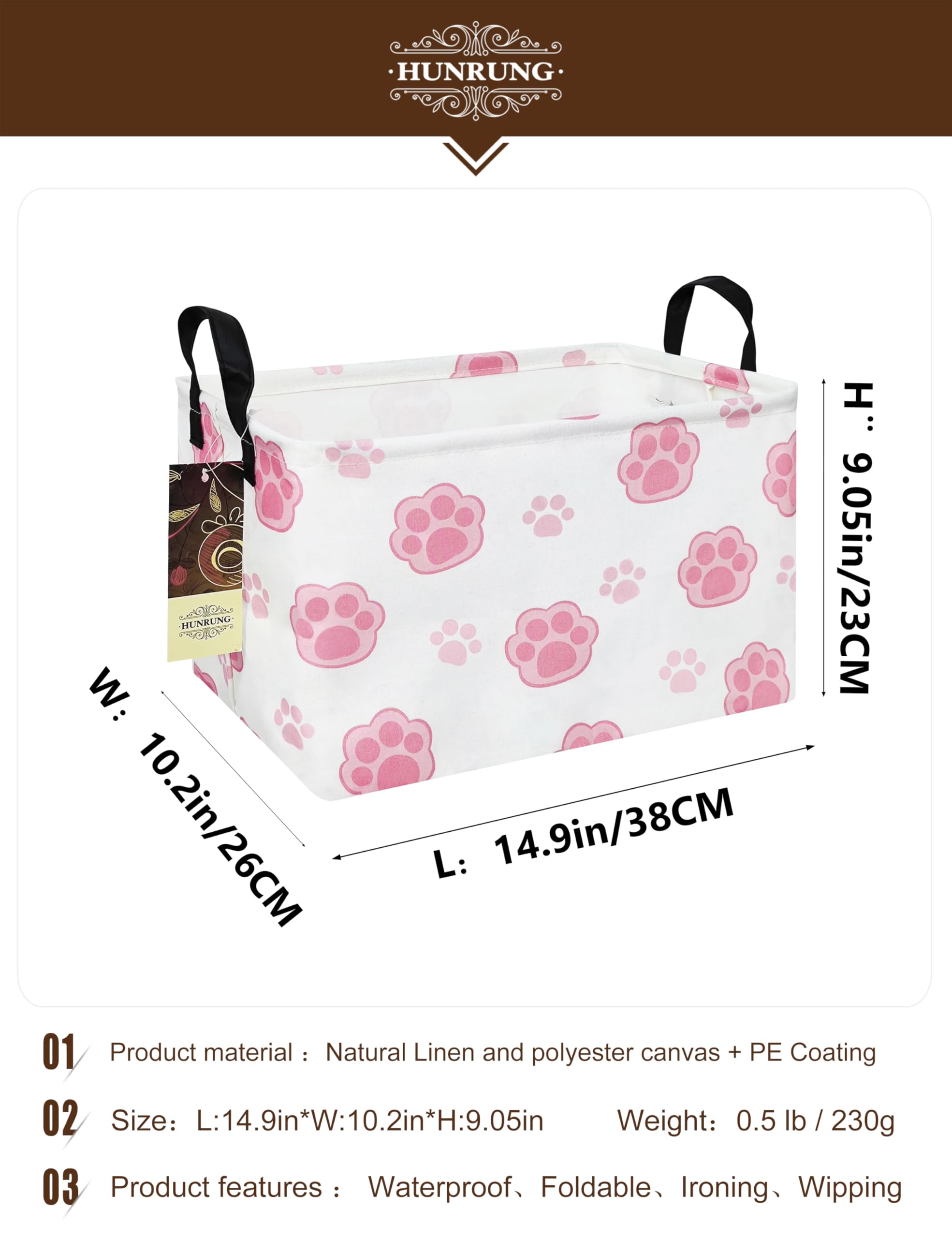 HUNRUNG rectangle storage basket pink paw side view showing spacious interior