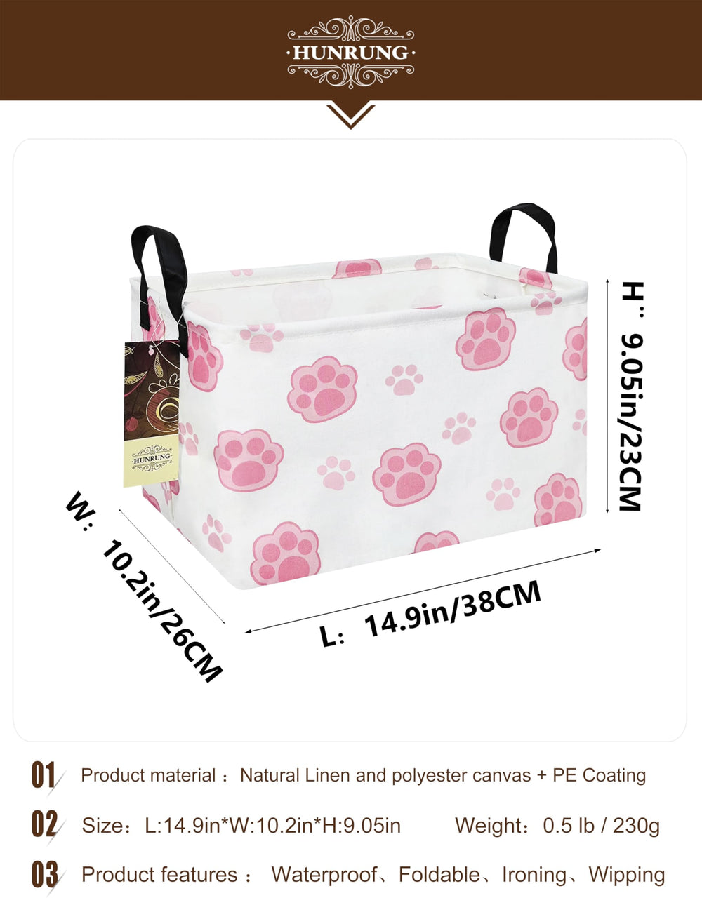 HUNRUNG rectangle storage basket pink paw side view showing spacious interior