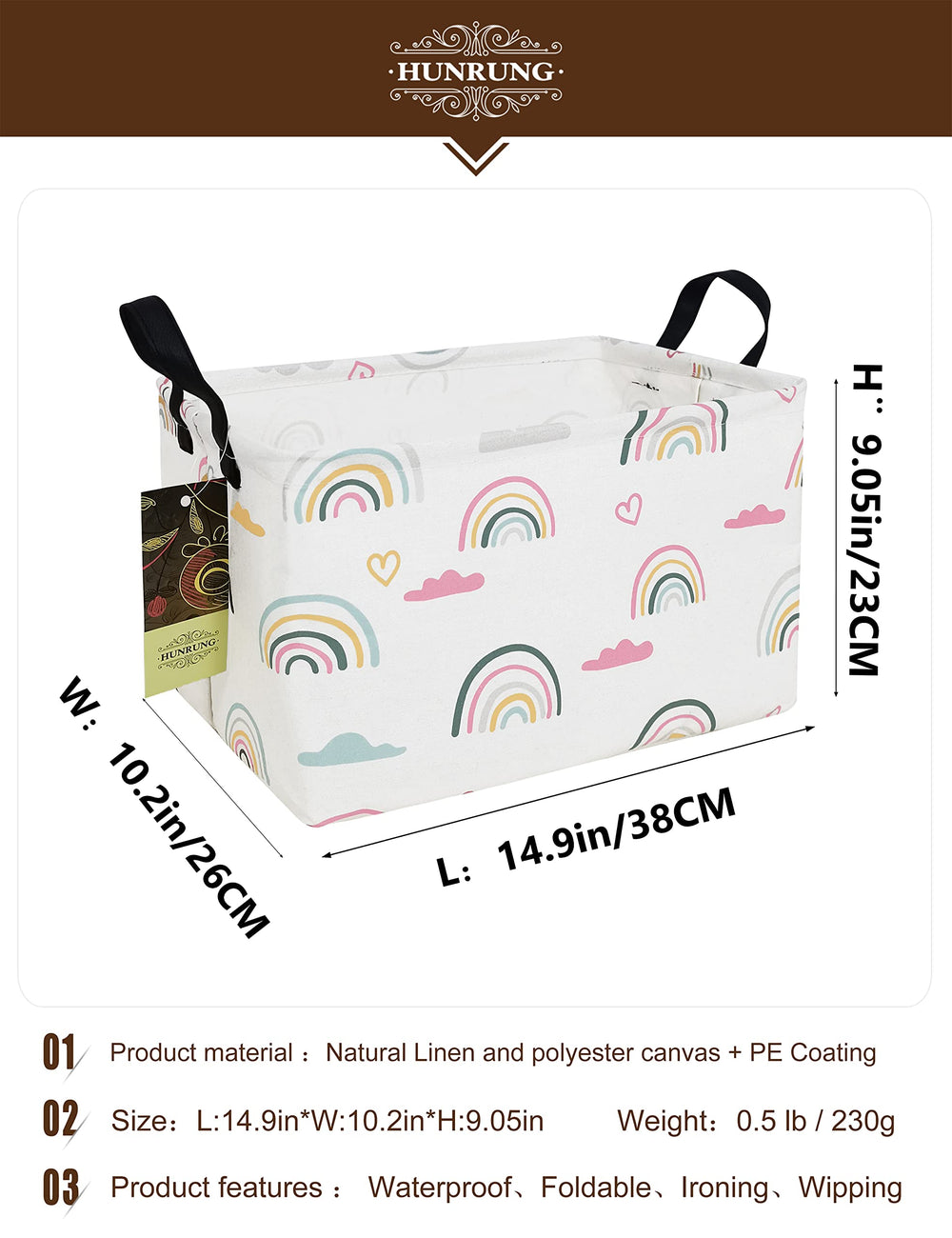 HUNRUNG rectangle storage basket rainbow side view keeps kids items within reach.