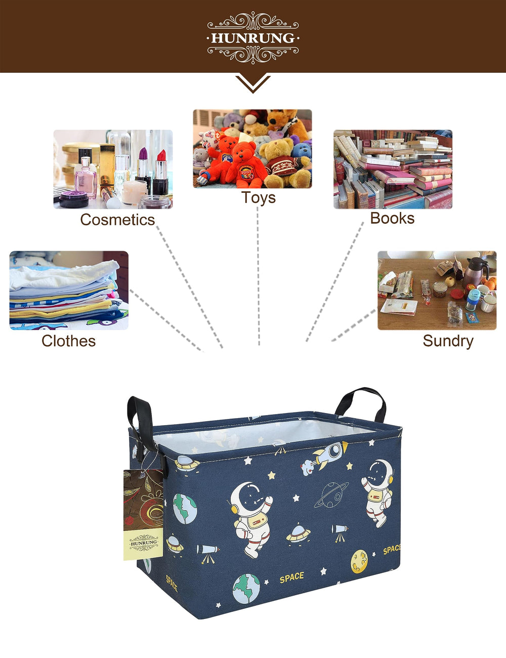 HUNRUNG rectangle storage basket keeps books and clothes organized in kids’ room.