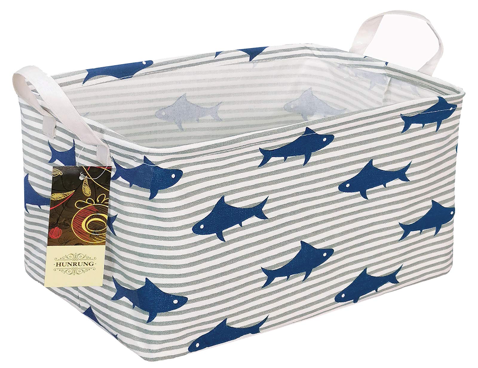 HUNRUNG rectangle storage basket shark pattern, front view for toy organization and room tidiness.