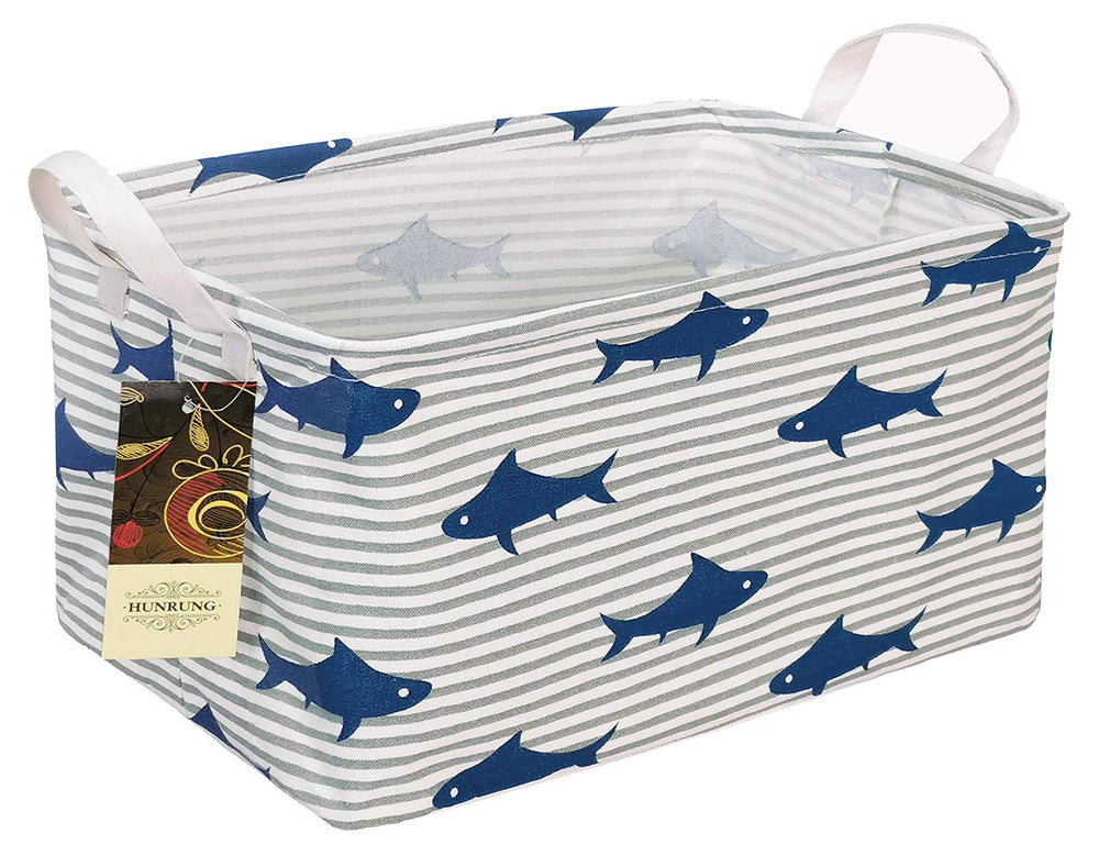 HUNRUNG rectangle storage basket shark pattern, front view for toy organization and room tidiness.