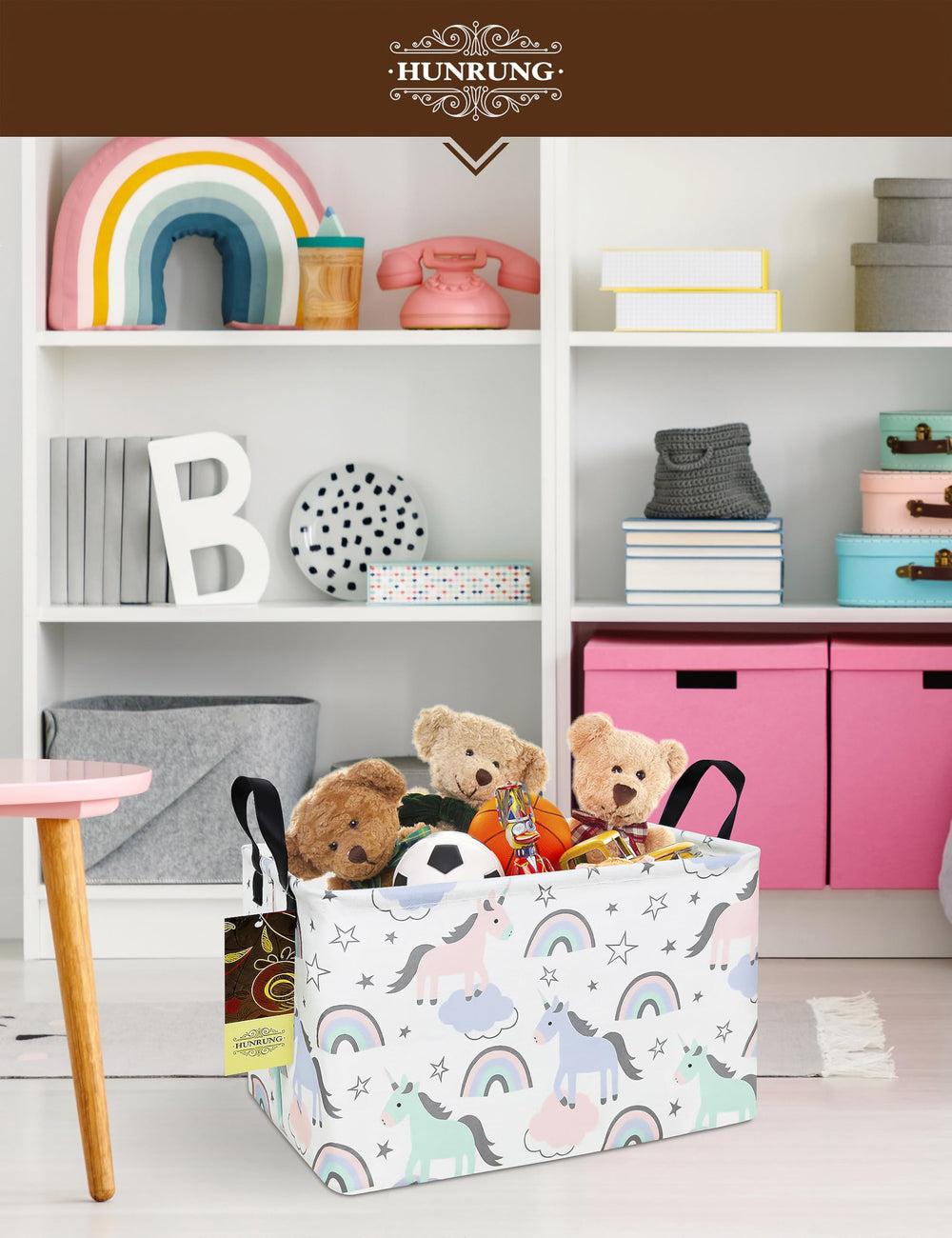 HUNRUNG unicorn-pattern toy storage ideal for nurseries and playrooms