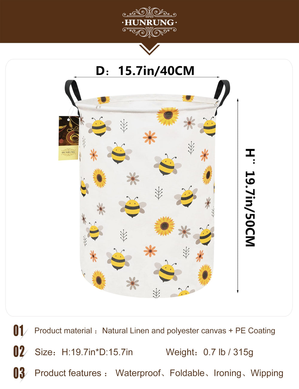 HUNRUNG Round-Bee laundry hamper folded for compact storage