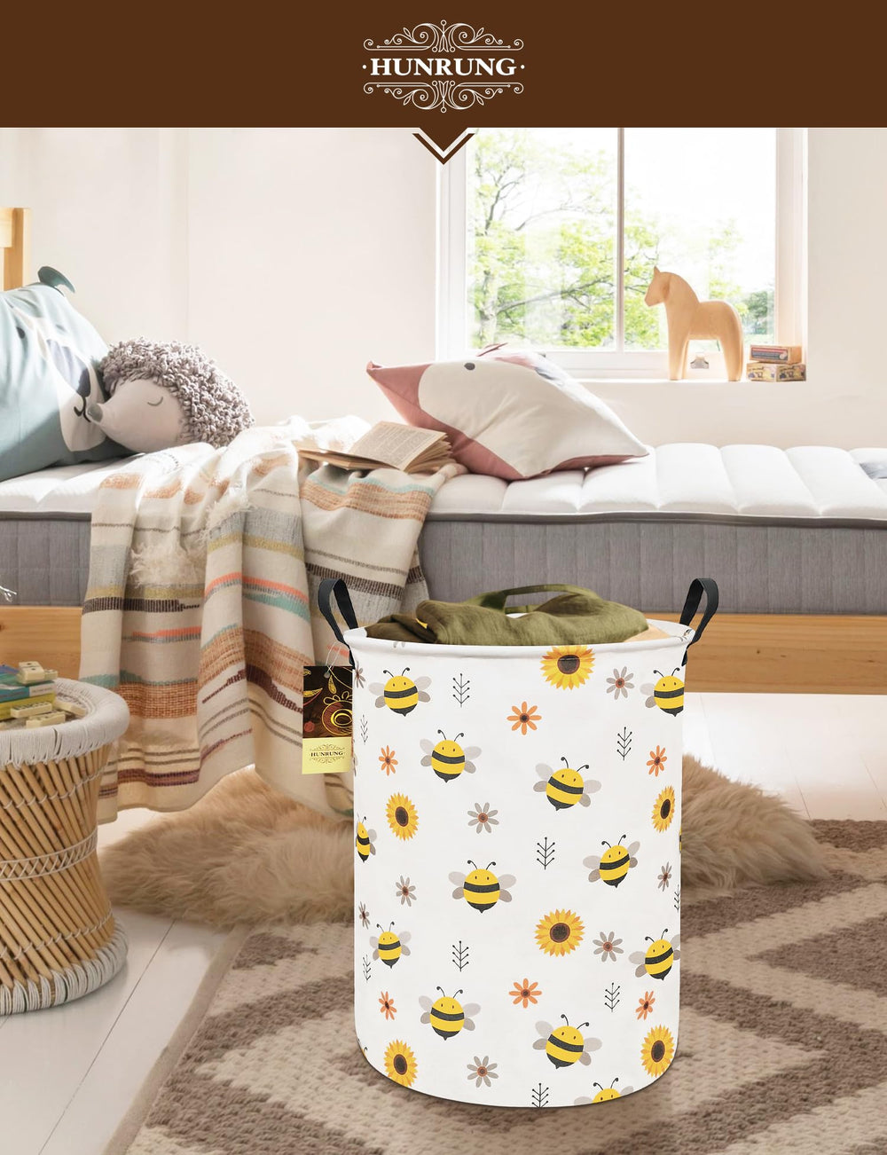 HUNRUNG Round-Bee laundry hamper used for toy storage and organization