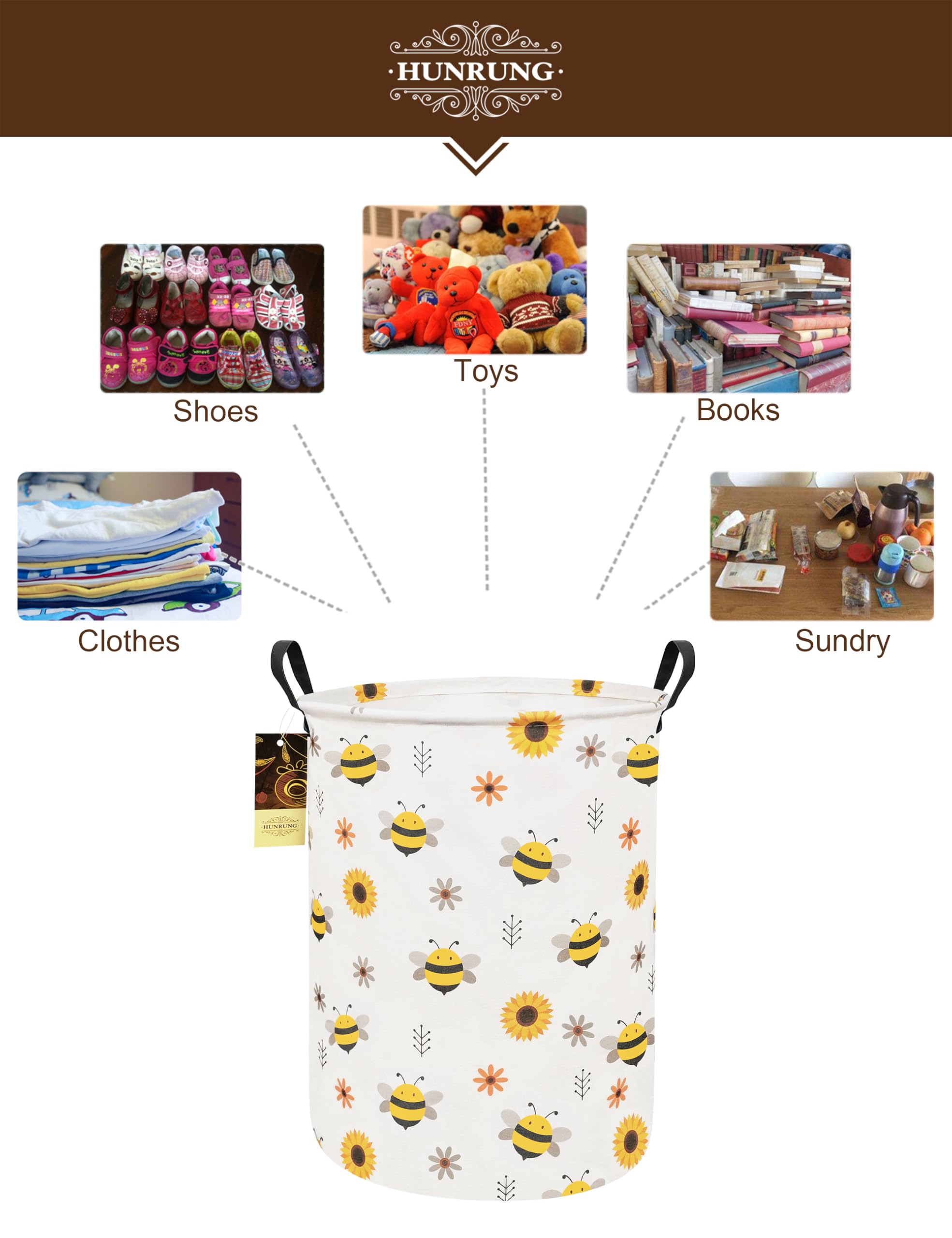 HUNRUNG Round-Bee laundry hamper shows waterproof coating for content protection