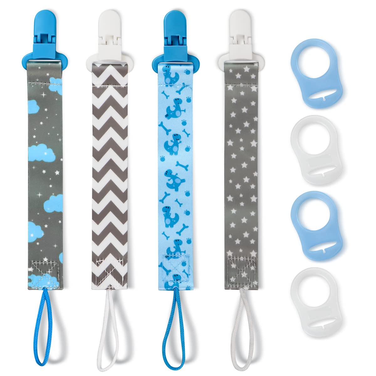 Hunxuo 4-pack blue pacifier clips keep pacifiers attached and ready.