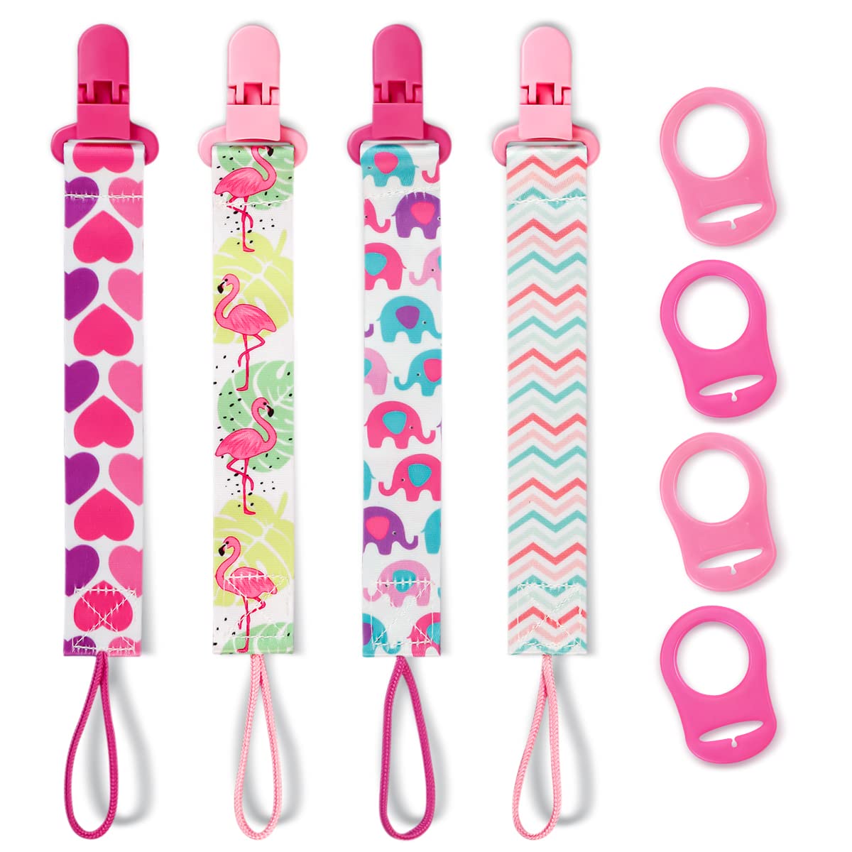 Hunxuo 4pack pacifier clips pink set shows soft polyester and secure attachment for busy moms