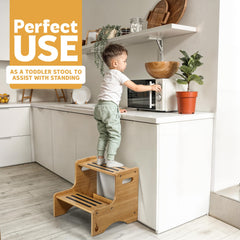Huoli bamboo step stool close-up edges demonstrates smooth rounded corners for kid safety.