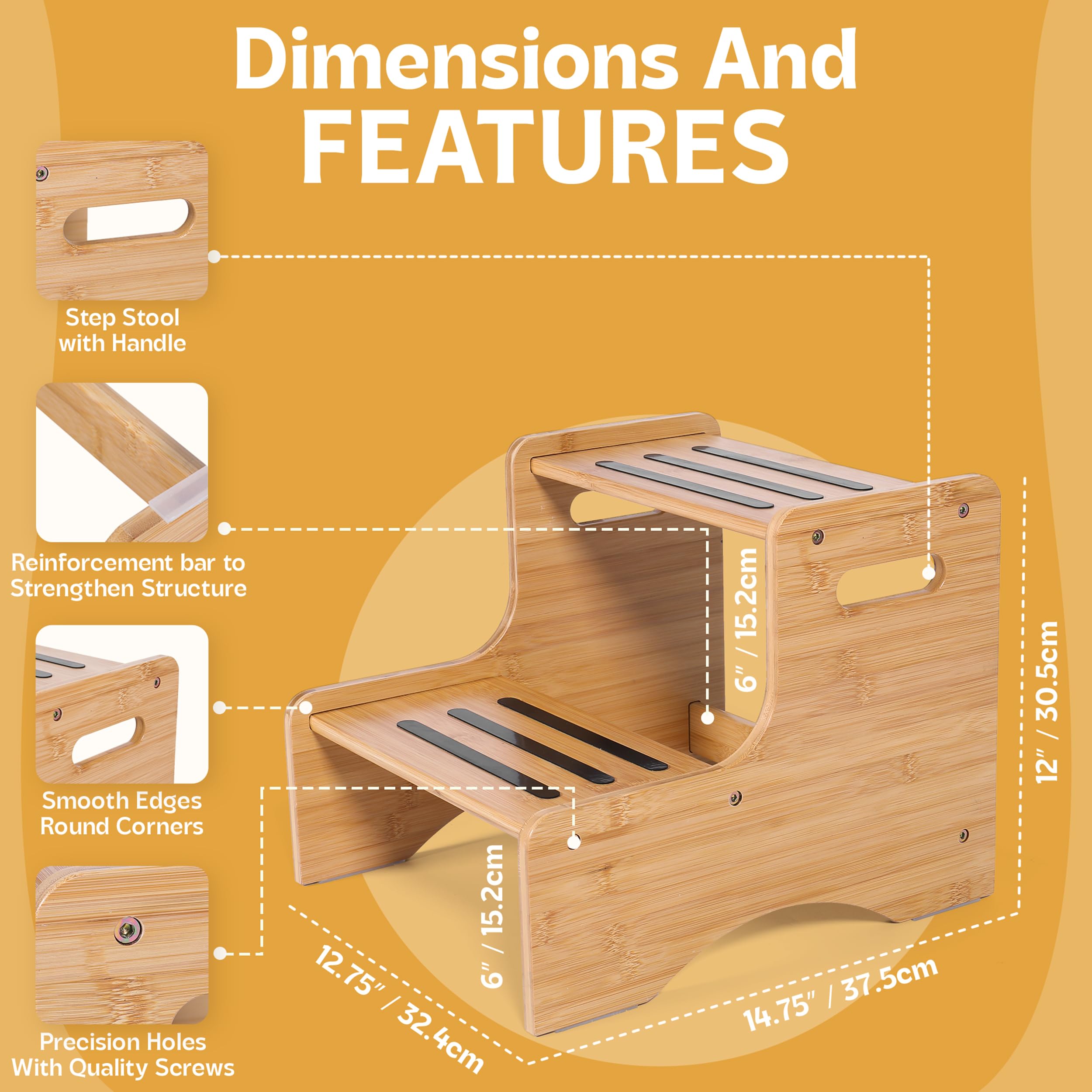 Huoli wooden kids step stool front view highlights compact size and portability.