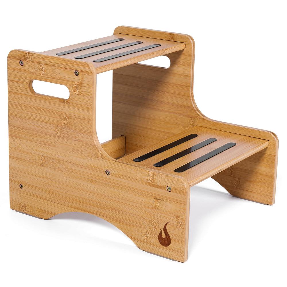 Huoli wooden kids step stool side view emphasizes durable bamboo build for safe reach.