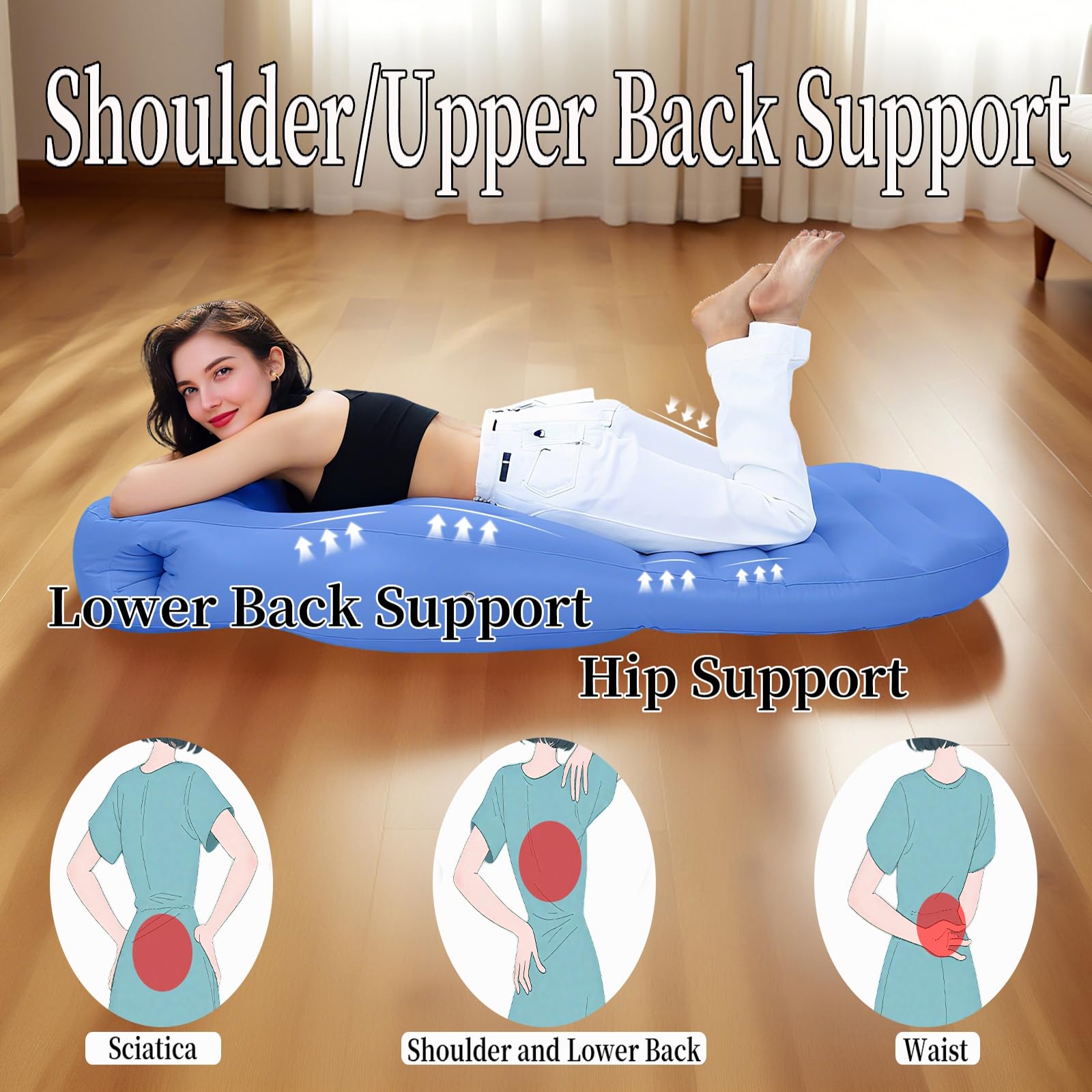 Hushblade pregnancy pillow hips-back-support blue highlights ergonomic back and hip alignment.