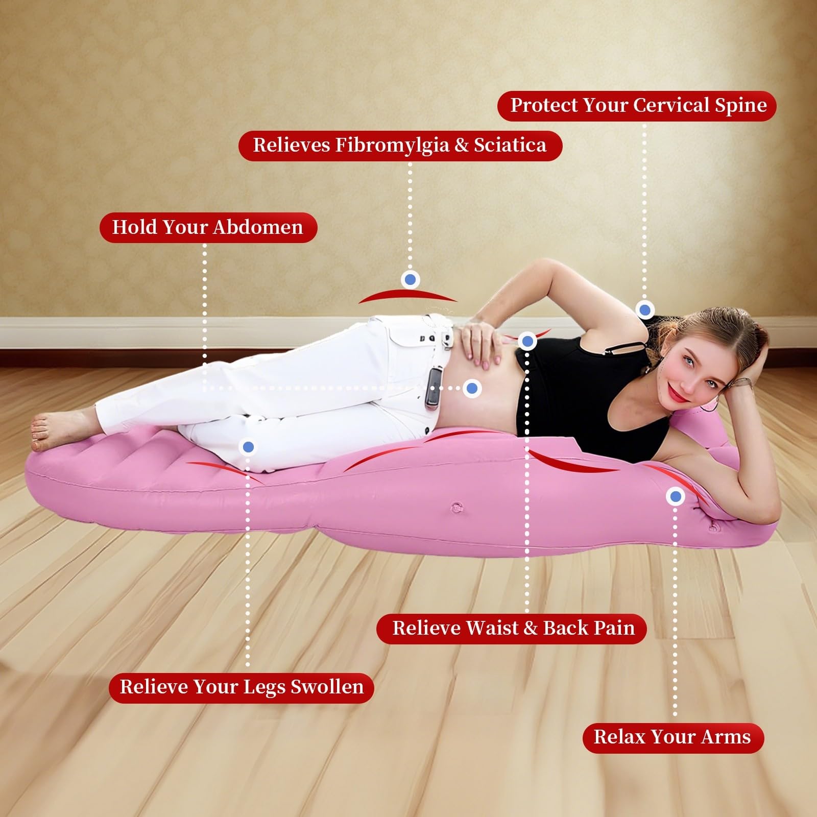 Hushblade pregnancy pillow pool float use enhances relaxation by water.