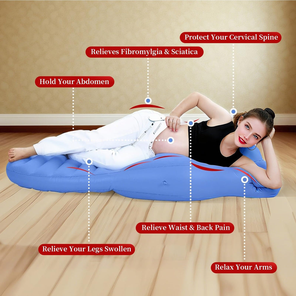 Hushblade pregnancy pillow portable-storage blue emphasizes compact, packable design for travel.