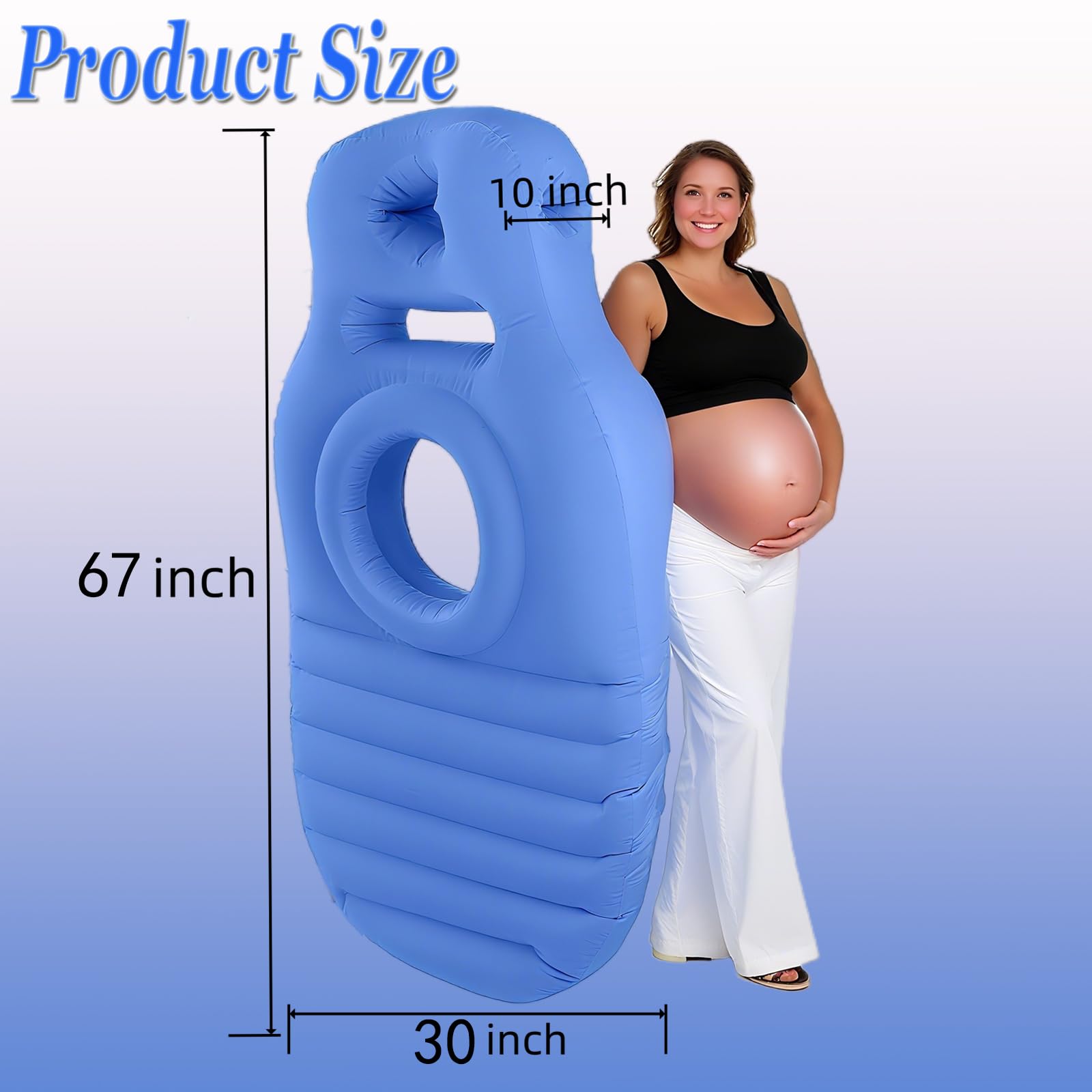 Hushblade pregnancy pillow three-hole blue demonstrates targeted belly, head, and arm support.