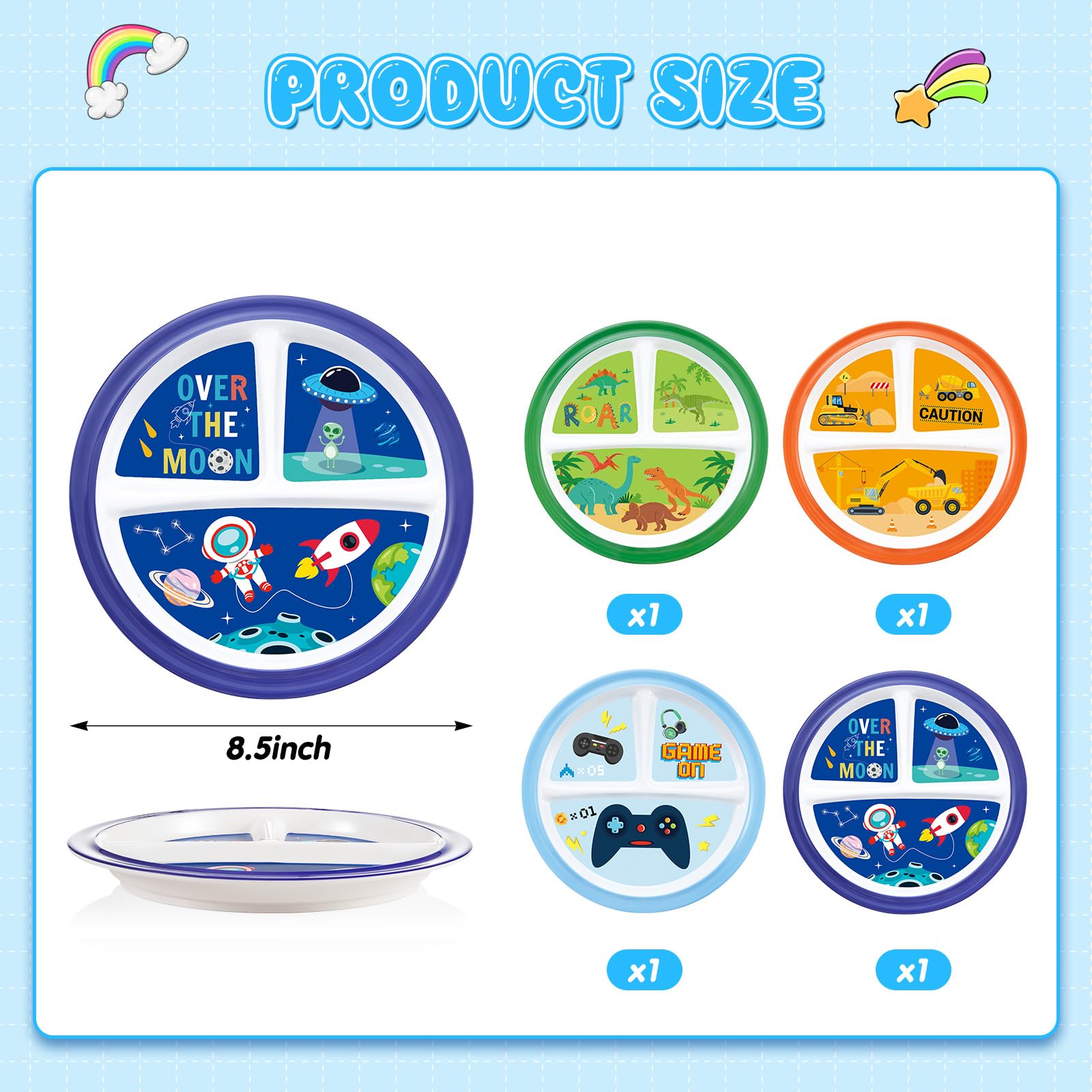 Hushee engineering divided plate features three compartments to keep foods separate.