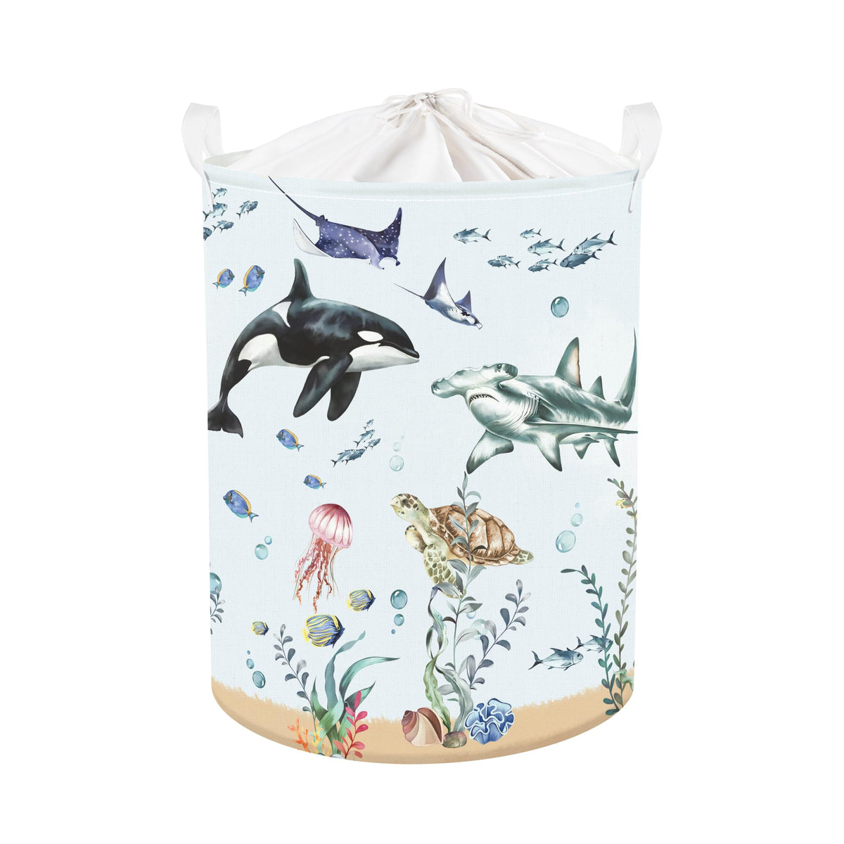 HUUMONSS blue shark laundry hamper features a playful design for kids' rooms.