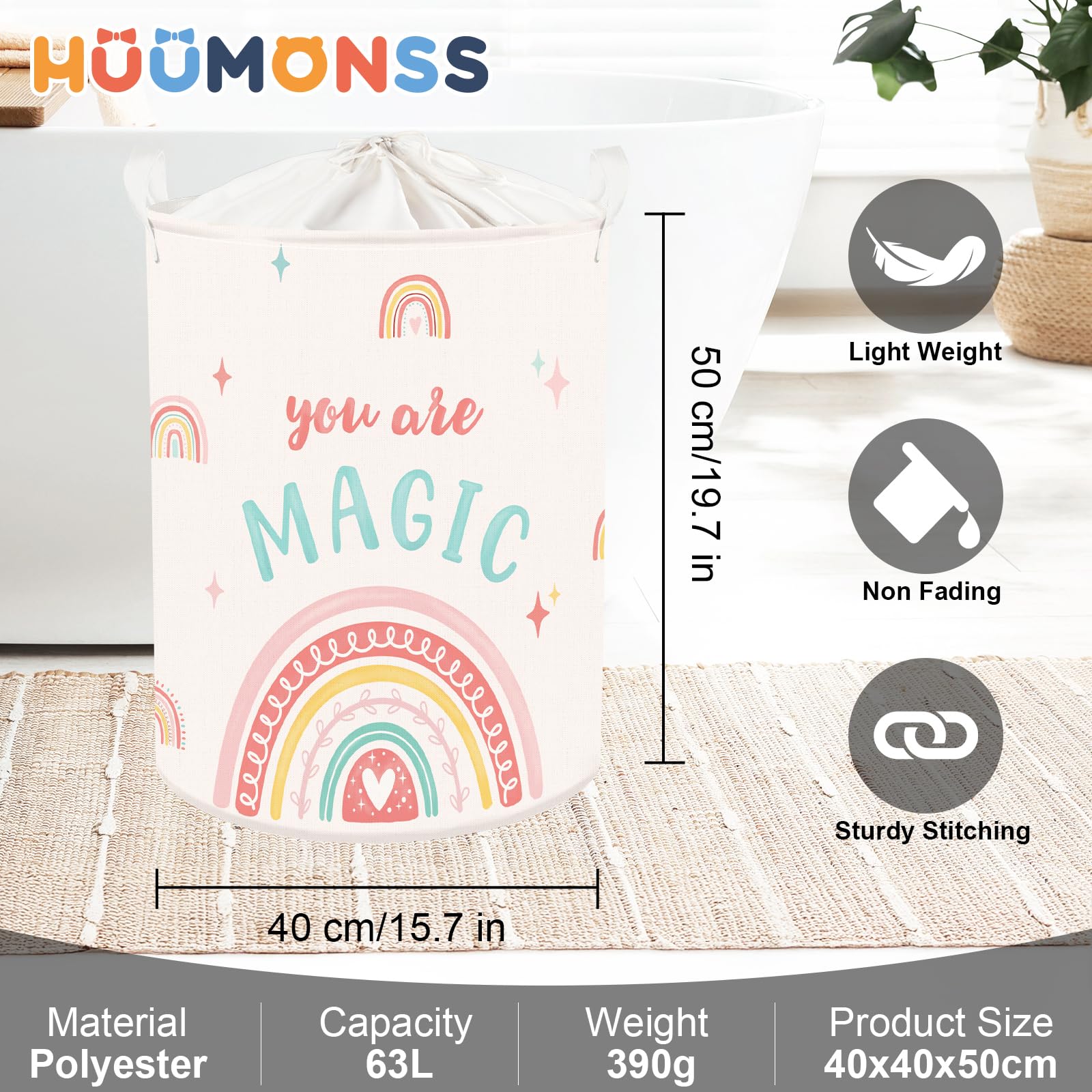 HUUMONSS Boho Rainbow Baby Laundry Hamper in a nursery setting for organized storage