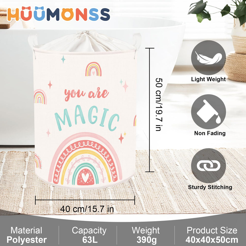 HUUMONSS Boho Rainbow Baby Laundry Hamper in a nursery setting for organized storage