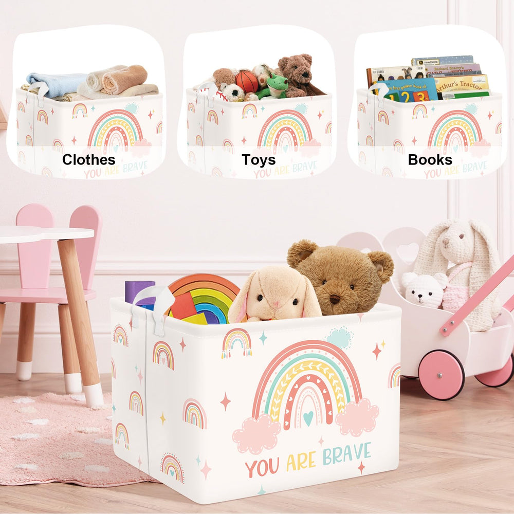 HUUMONSS Rainbow baby storage bin in a kid's room for toys and books.