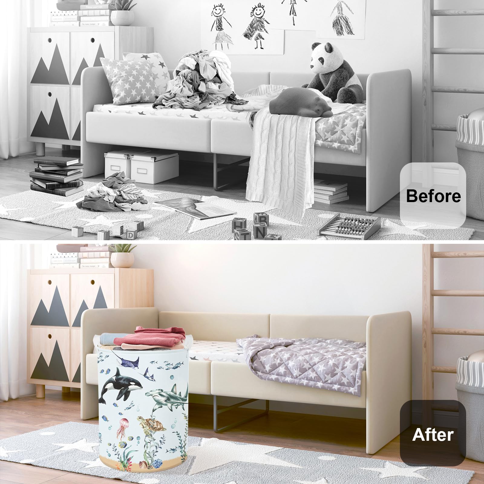 HUUMONSS cartoon sharks underwater scene inspires imaginative play while keeping laundry organized.