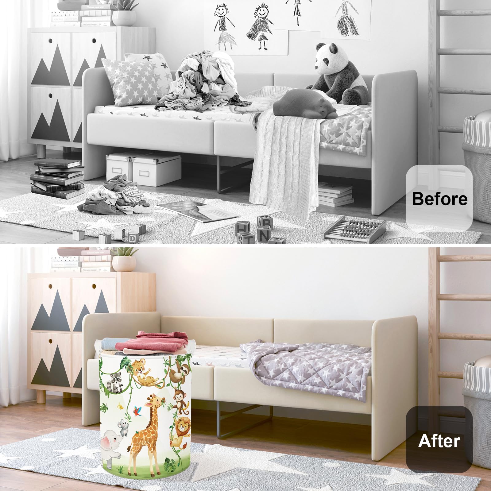 HUUMONSS collapsible baby laundry hamper demonstrates compact storage.