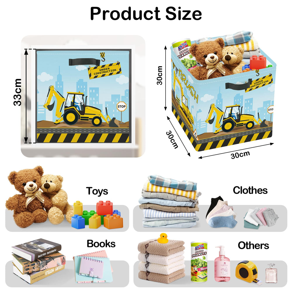 HUUMONSS excavator print cubes highlight kid-friendly decor and toy storage.