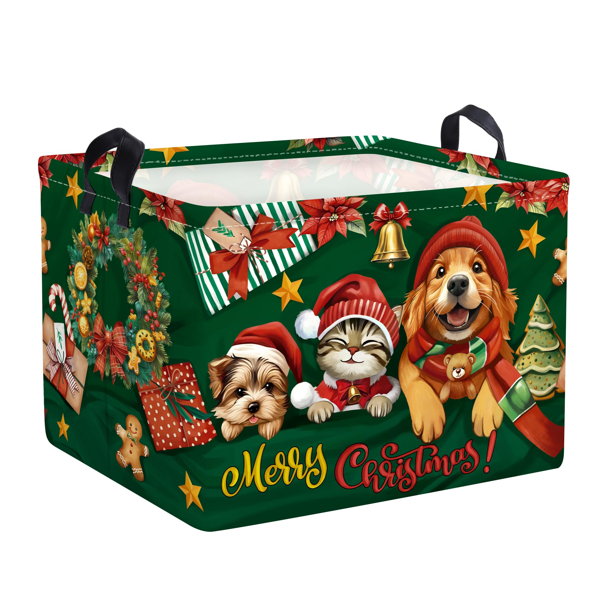 HUUMONSS dog merry christmas basket with dogs and Santa hats for organized storage and festive decor