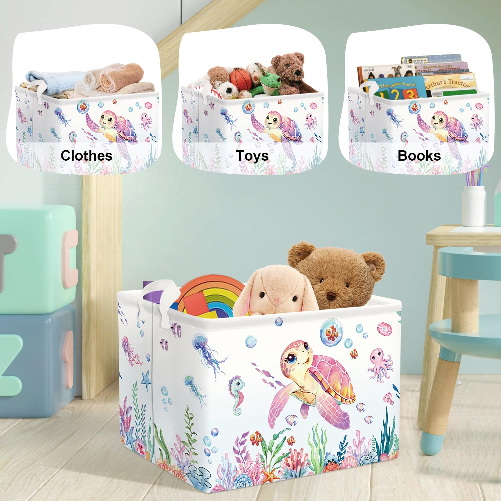 HUUMONSS Ocean Animals sea creatures nursery decor illustration adds playful storage to any room.