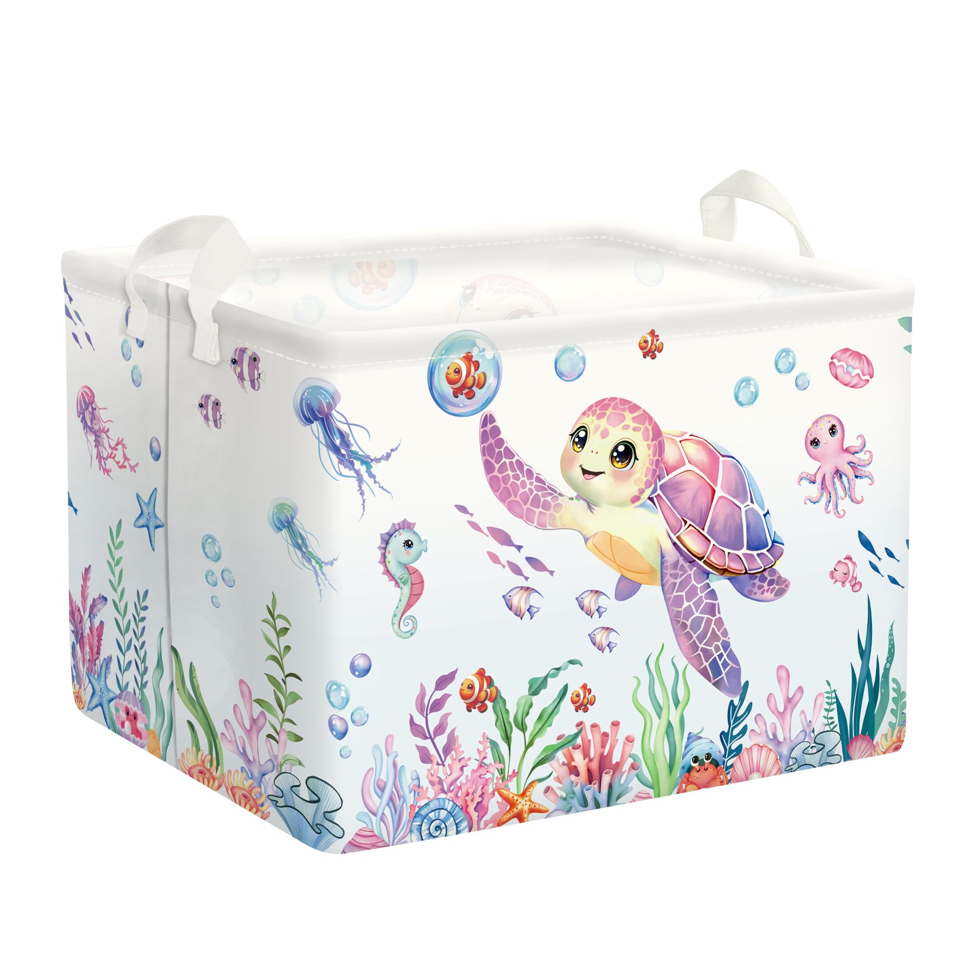 HUUMONSS Ocean Animals sea turtle laundry hamper with kid-friendly sea scene for toy organization.