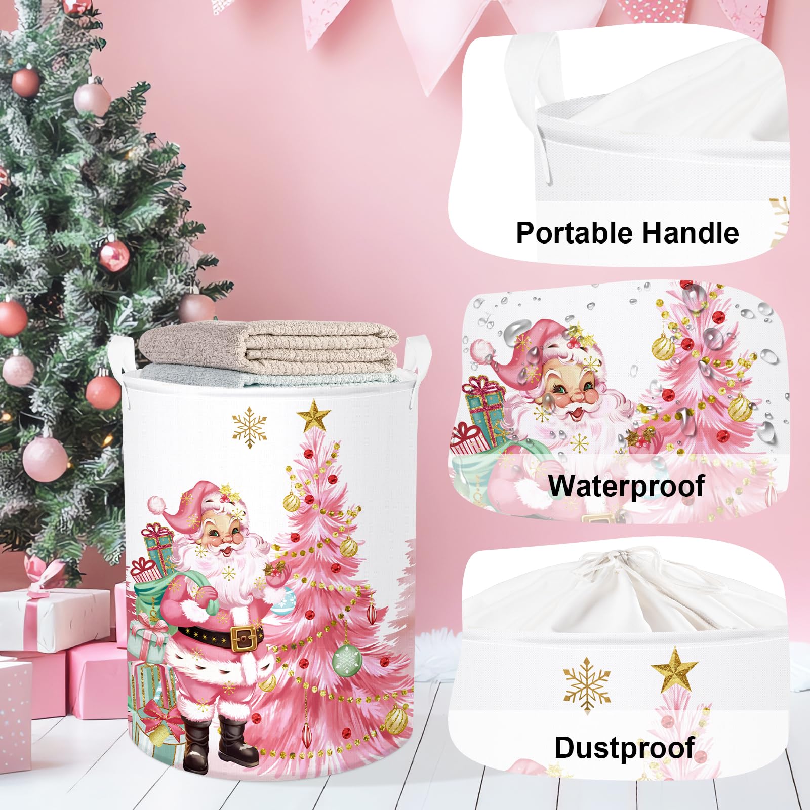 HUUMONSS pink Santa Claus laundry hamper freestanding frame stays upright during use