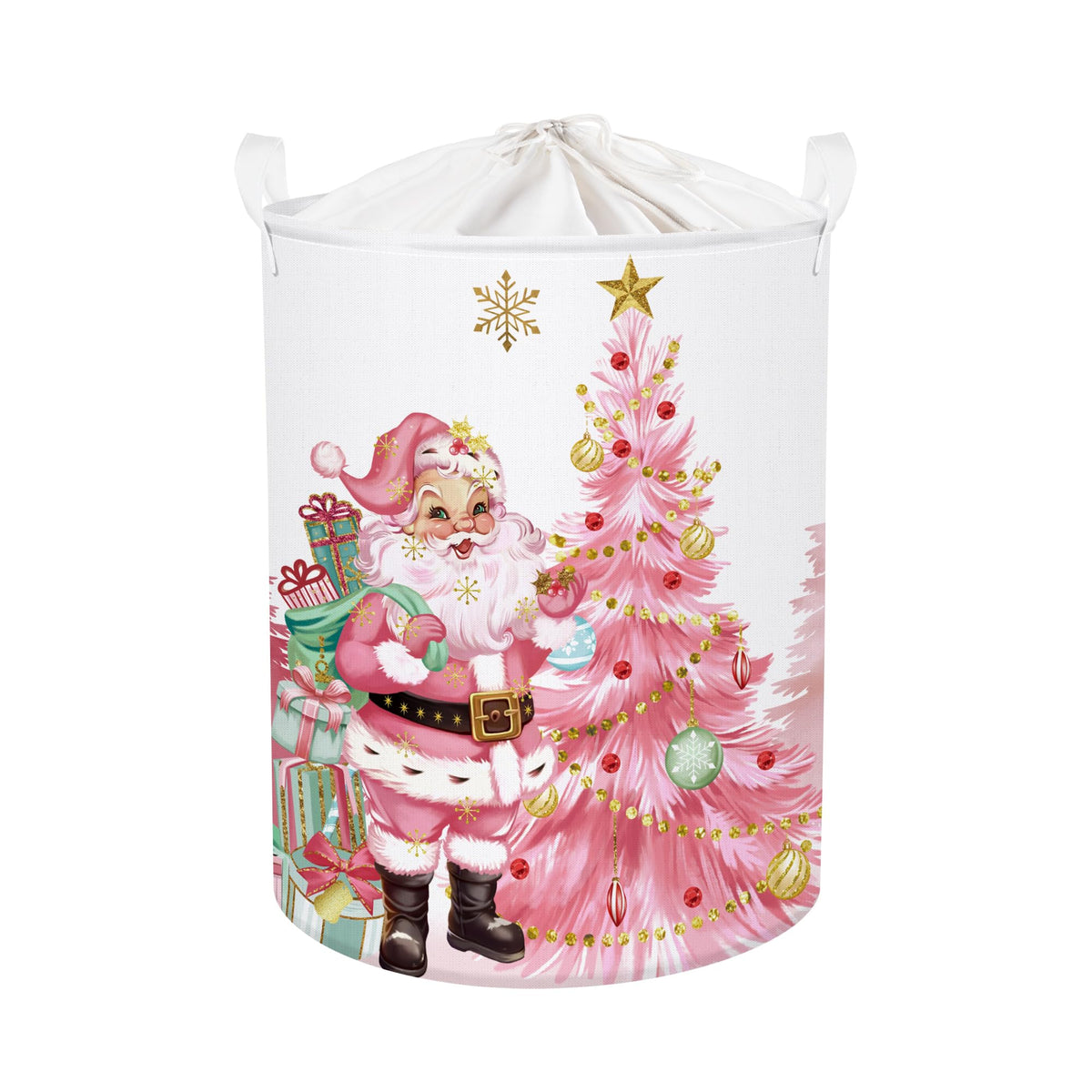 HUUMONSS pink Santa Claus laundry hamper front view for easy sorting