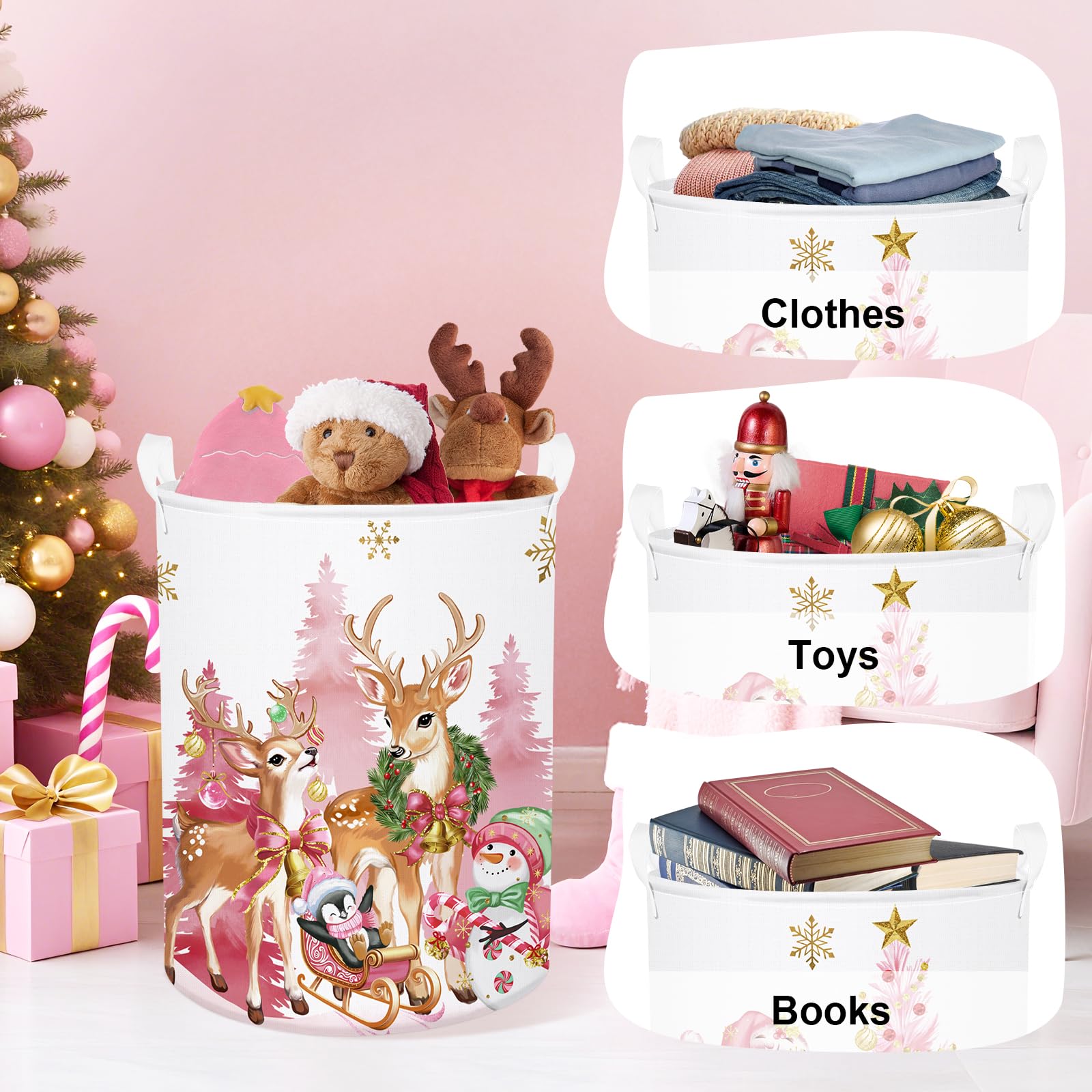 HUUMONSS pink Santa Claus laundry hamper reinforced handles for easy carrying