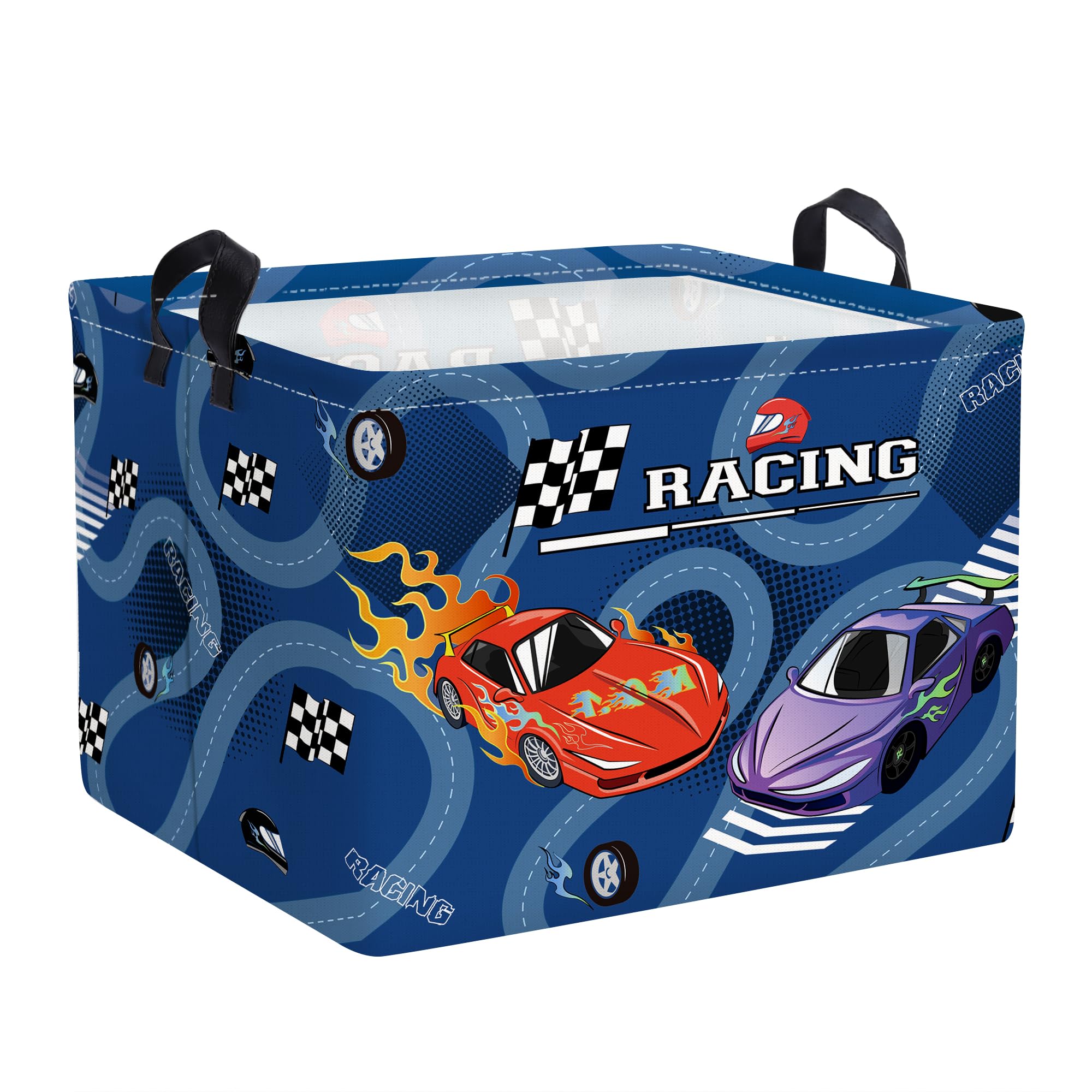 HUUMONSS racing car basket front view highlights organized toy storage and playful decor.