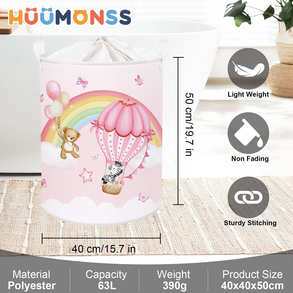 HUUMONSS Rainbow Animals laundry hamper 63-liter capacity holds large loads of laundry.