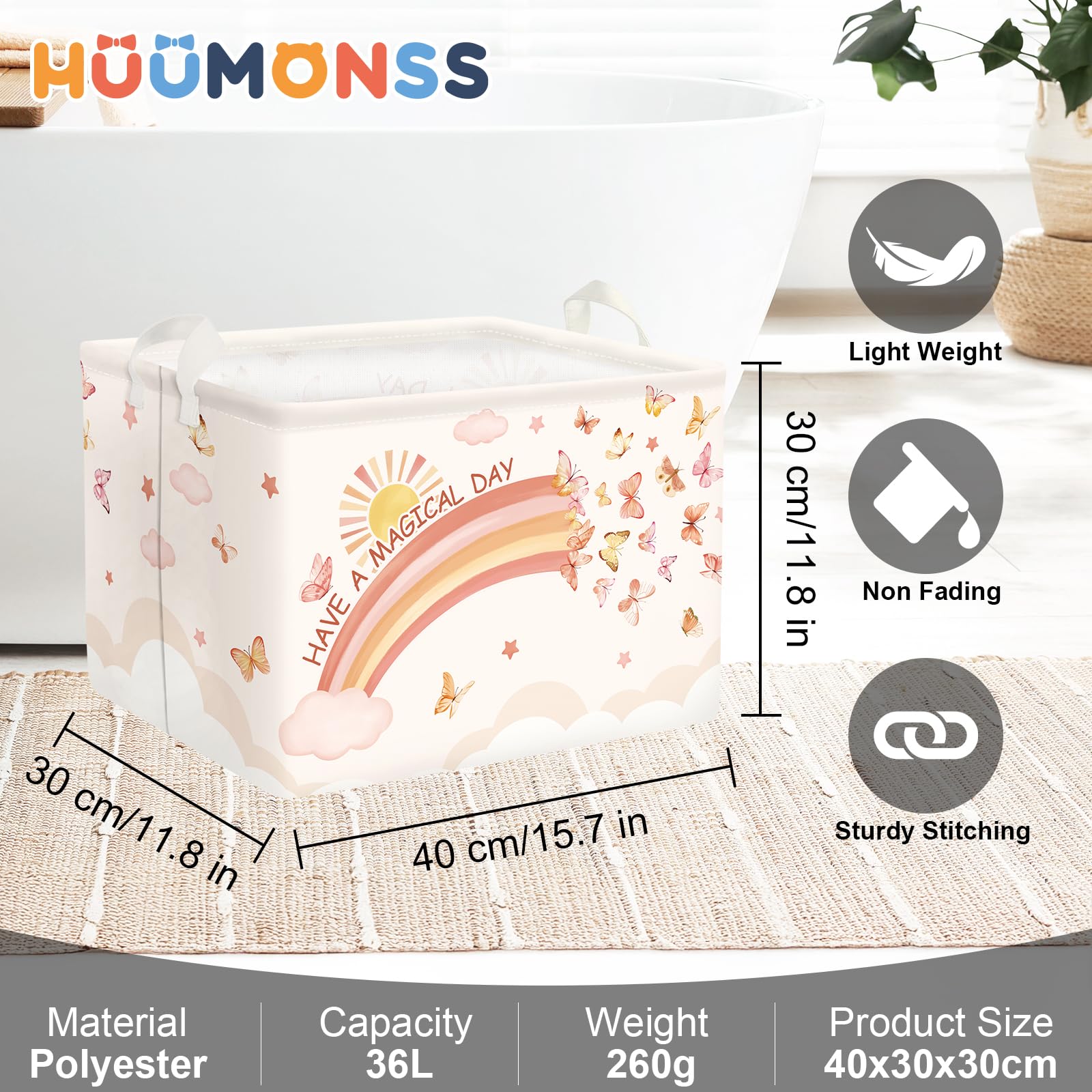 HUUMONSS Rainbow Animals hamper in a bedroom scene for tidy storage