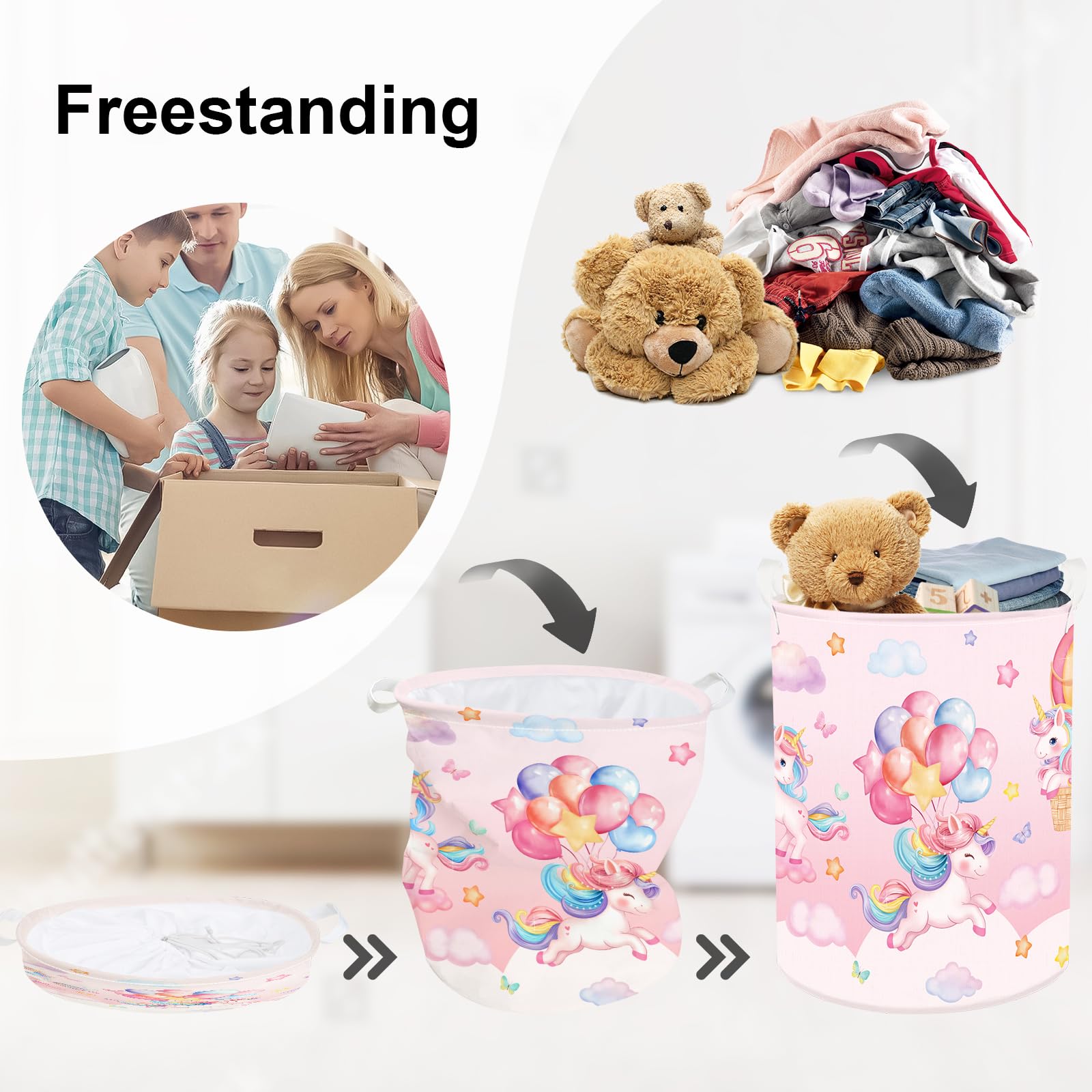 HUUMONSS Rainbow Animals hamper showing clouds and balloons on a large laundry basket.