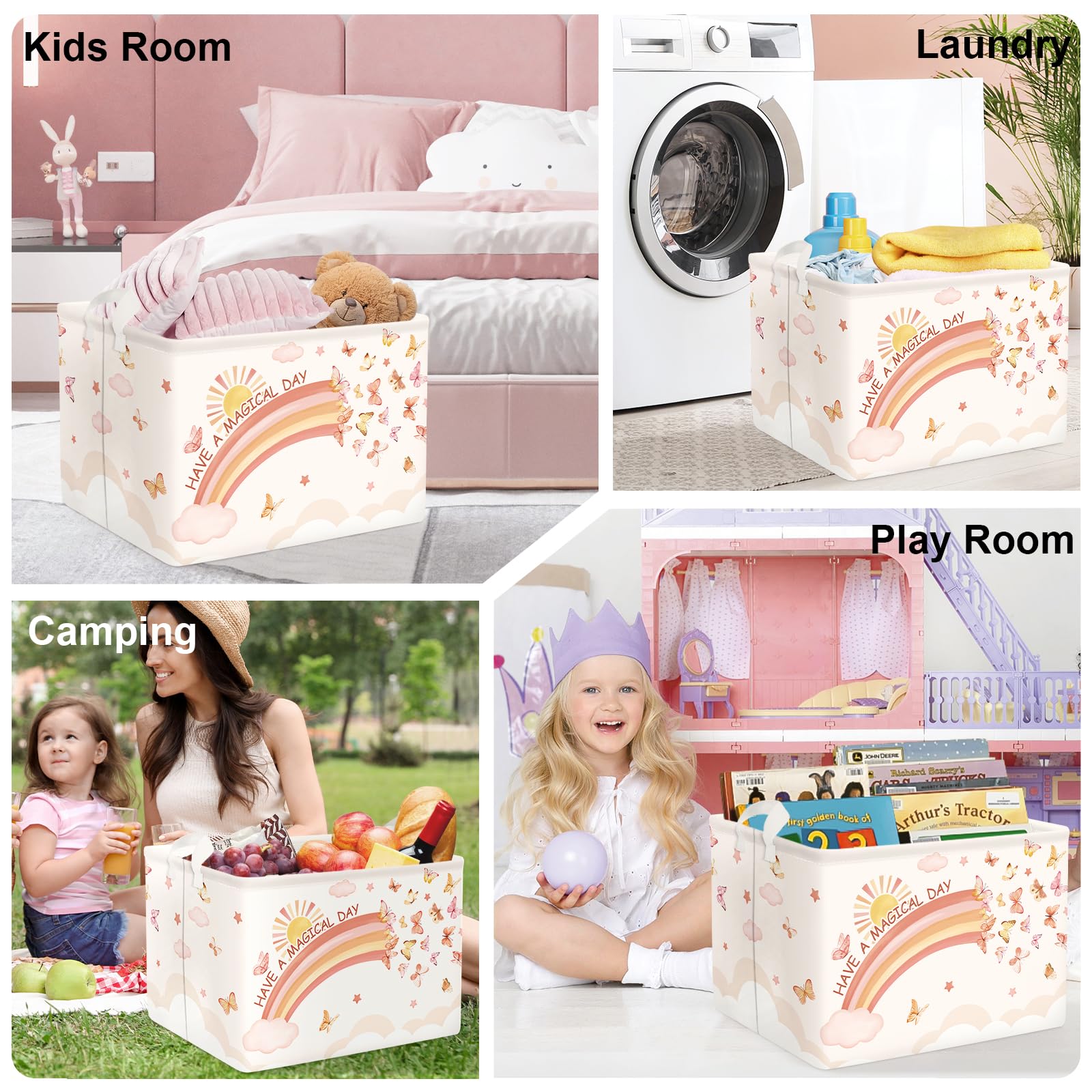 HUUMONSS Rainbow Animals hamper in a kid room used for toy and clothes organization