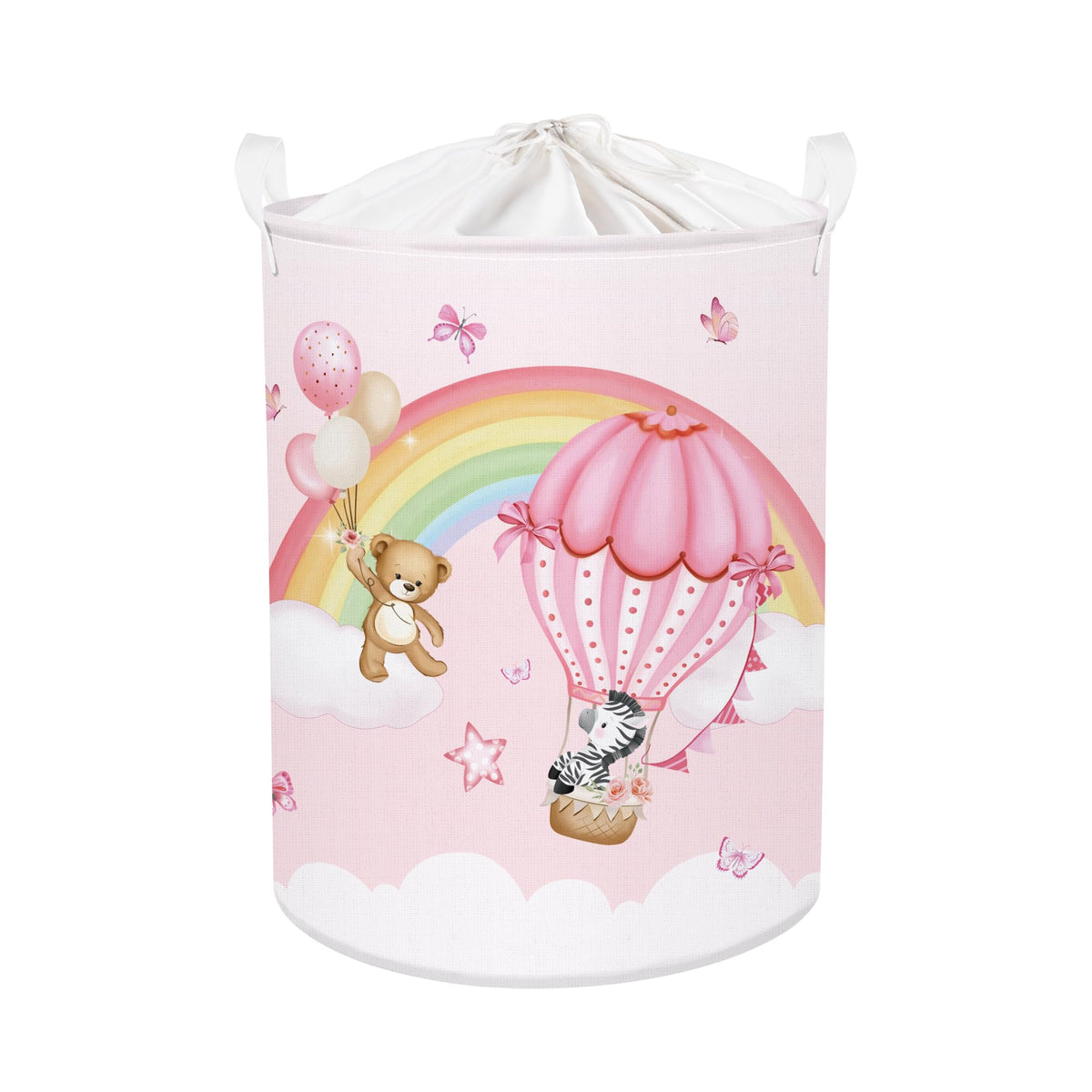 HUUMONSS Rainbow Animals laundry hamper pink fabric for kid-friendly organization and storage.