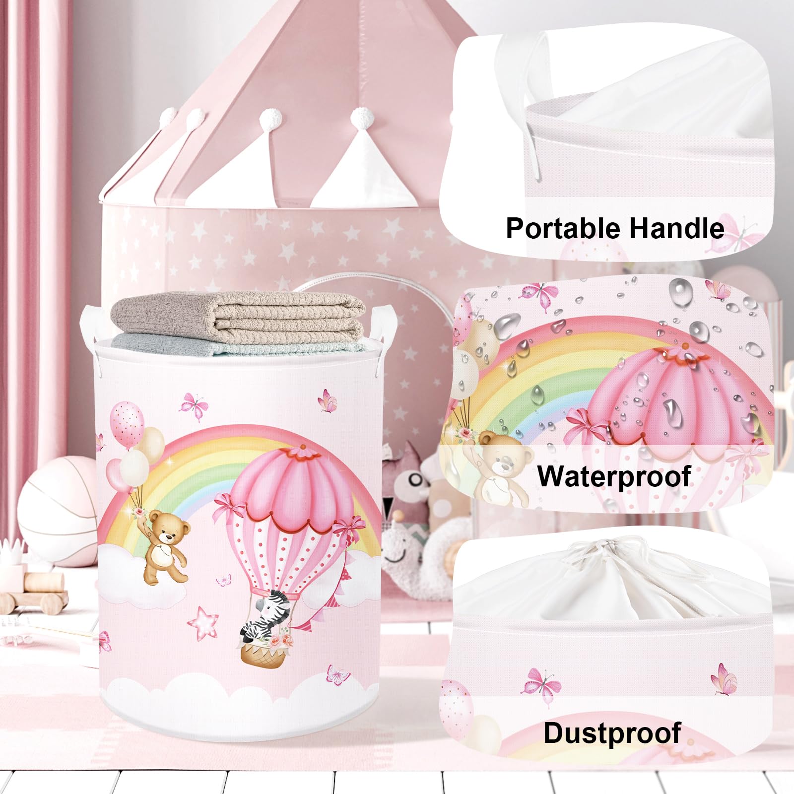 HUUMONSS Rainbow Animals laundry hamper top-edge-frame keeps the bag upright during use.
