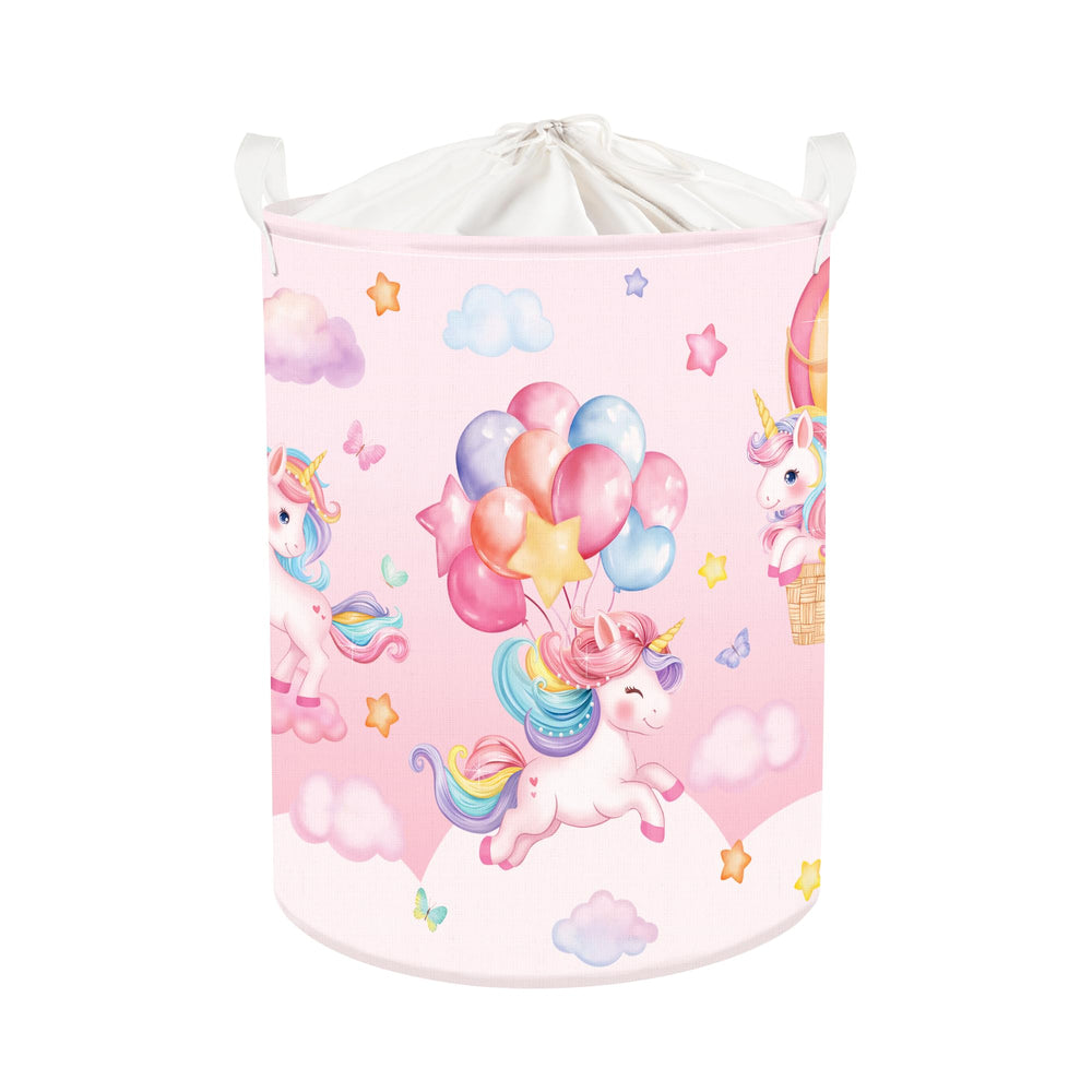 HUUMONSS Rainbow Animals laundry hamper with unicorn motif and 63L capacity for kids' rooms.