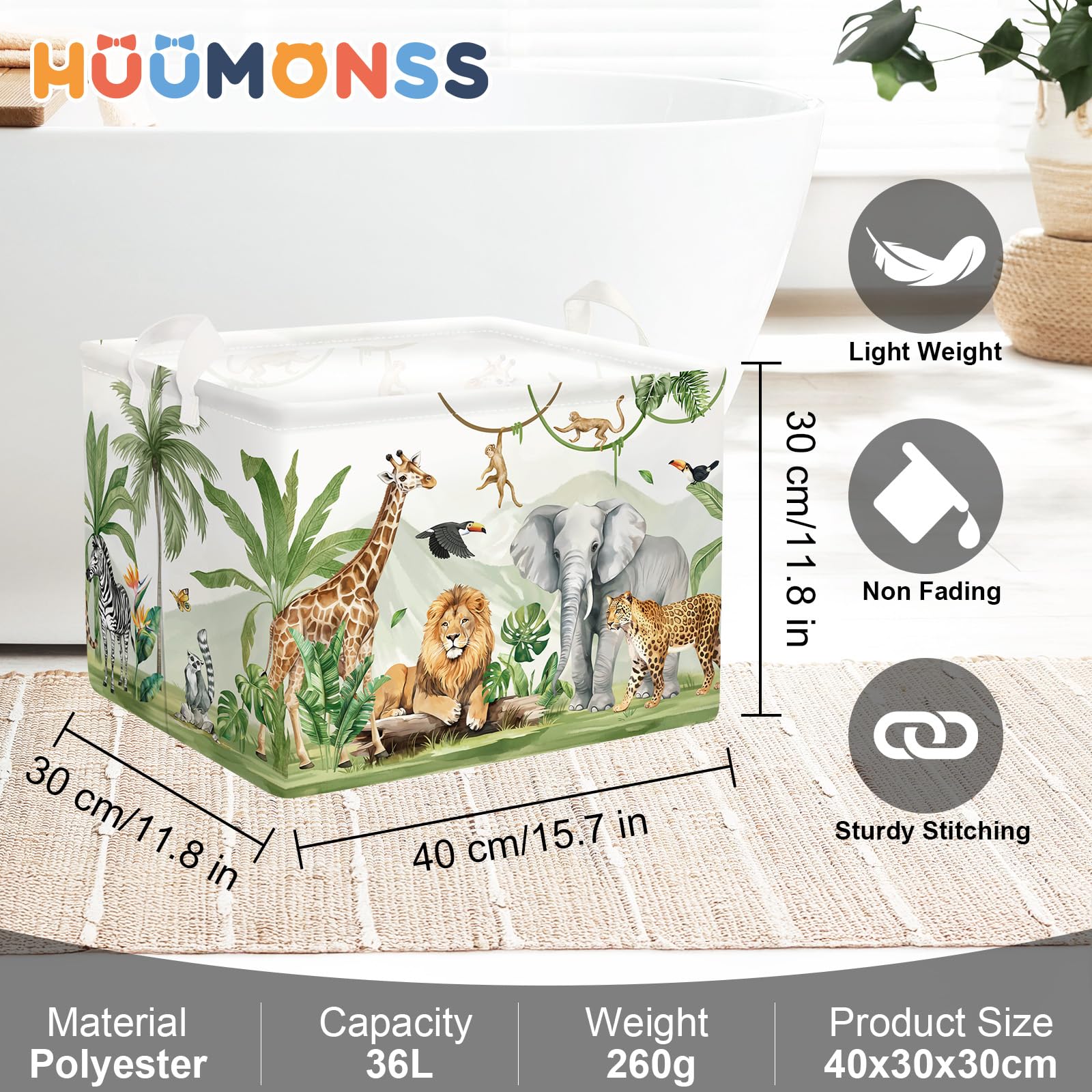 HUUMONSS Safari Animals hamper with metal frame top edge provides freestanding support