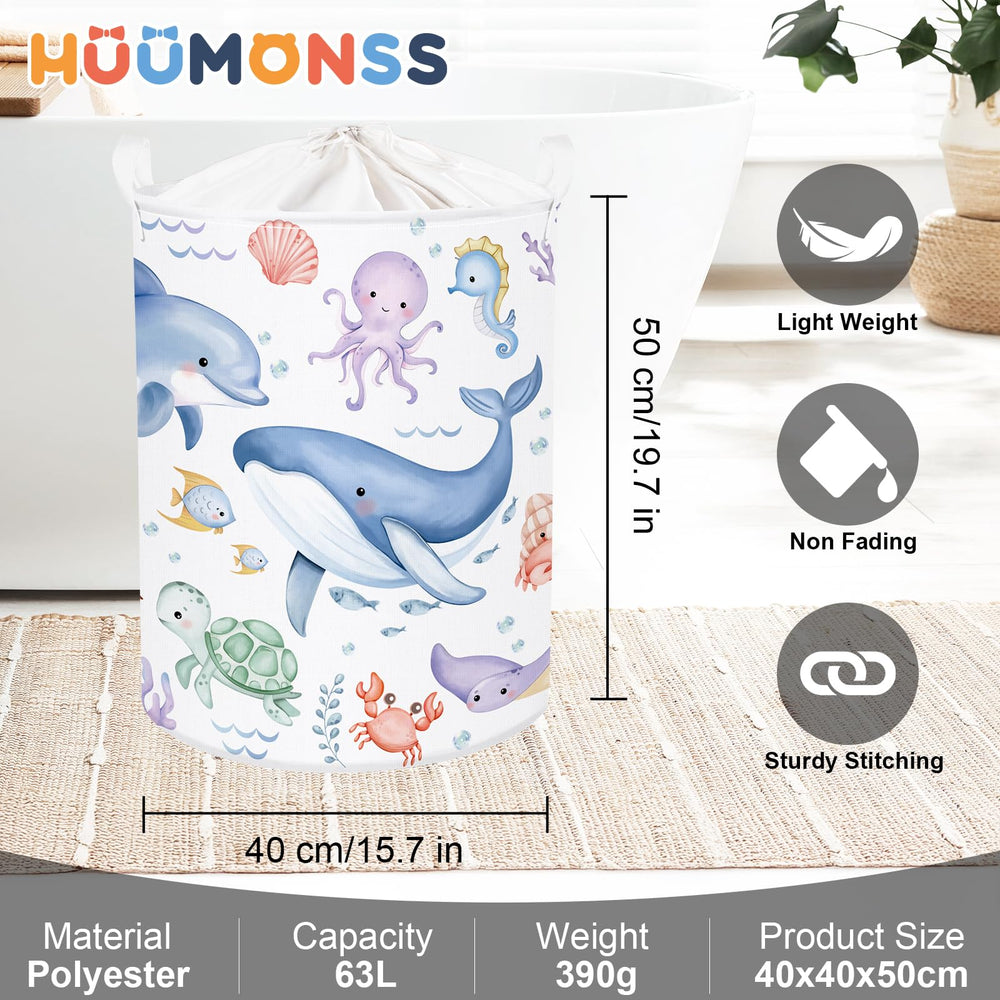 HUUMONSS Sea Animals baby laundry hamper in a bright nursery room setup