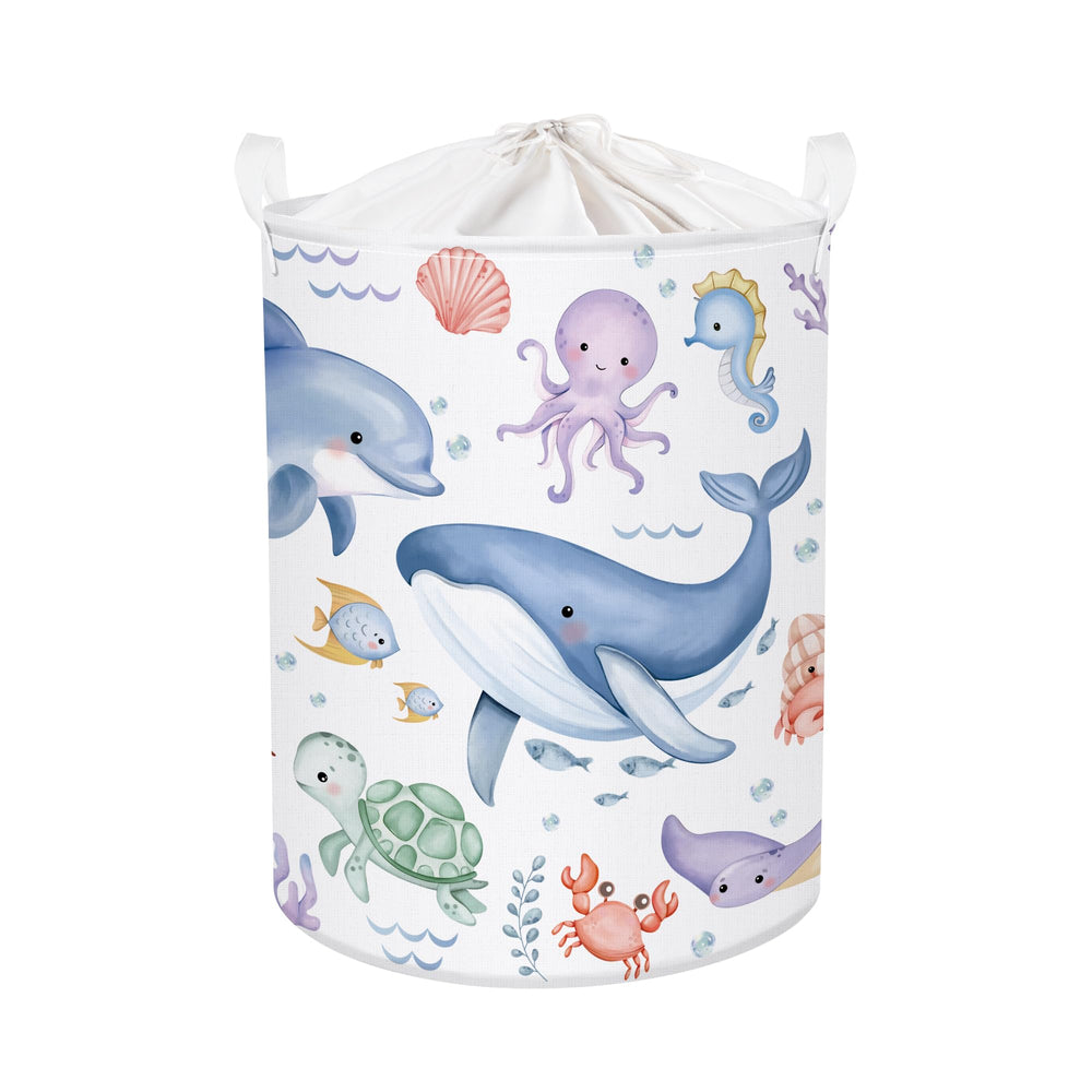 HUUMONSS Sea Animals baby laundry hamper overview with blue whale design for tidy nursery organization
