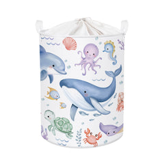 HUUMONSS Sea Animals baby laundry hamper overview with blue whale design for tidy nursery organization